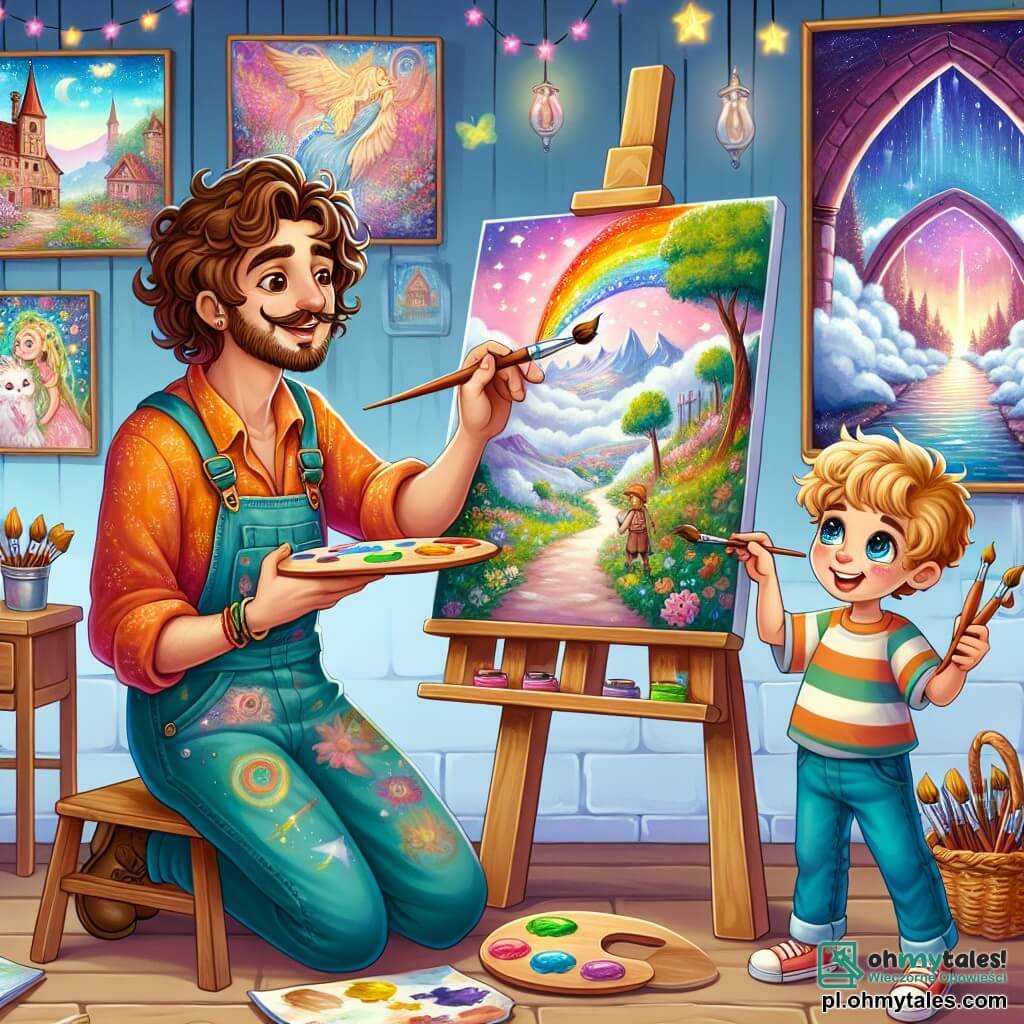 Une illustration sous forme de dessin destinée aux enfants représentant une charmante et colorée atelier d'artiste, avec des murs ornés de tableaux vibrants, où un homme à la chevelure brune et bouclée, vêtu d'une chemise éclatante et de salopettes, est en train de peindre avec passion un paysage féerique sur une toile, tandis qu'à ses côtés, un jeune garçon aux yeux pétillants et aux cheveux blonds, portant un t-shirt rayé, observe avec émerveillement et tient un petit pinceau, illustrant ainsi leur collaboration joyeuse et créative dans le monde de l'art.