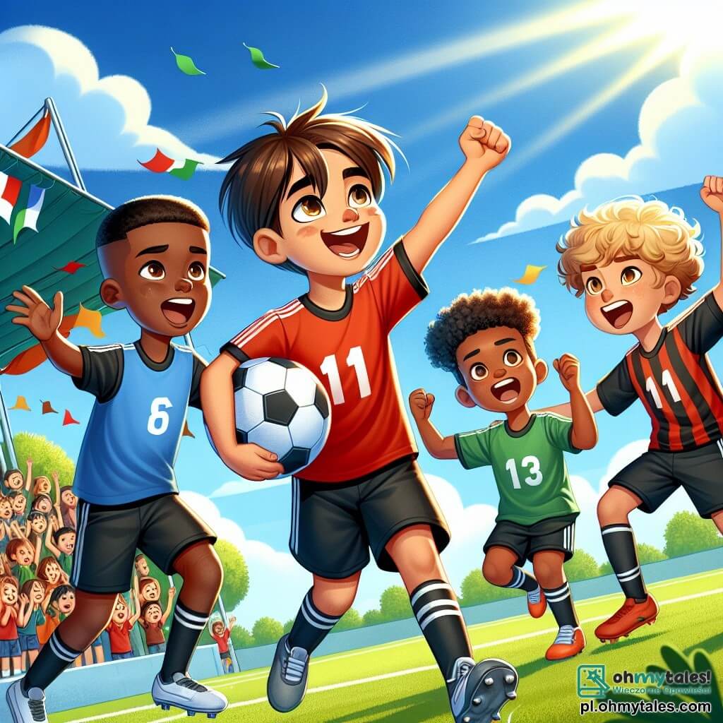 Ilustracja przedstawiająca scenę na słonecznym boisku sportowym, z dużym niebieskim niebem i zielonymi drzewami w tle. W centrum grupa chłopców w wieku około dwunastu lat, różnych narodowości, zgromadziła się wokół piłki nożnej. Chłopiec z brązowymi włosami i jasną skórą, w czerwonym koszulce, radośnie trzyma piłkę. Obok niego chłopiec z czarnymi włosami i ciemną skórą, w niebieskim koszulce, unosi ręce w geście zwycięstwa po zdobyciu gola. Inny chłopiec z blond włosami i jasną skórą patrzy z podziwem, podczas gdy chłopiec z kręconymi włosami i skórą w kolorze karmelu, w zielonym koszulce, przygotowuje się do strzału na bramkę. Główna sytuacja pokazuje radość i ekscytację meczu piłki nożnej, symbolizując jedność i przyjaźń między dziećmi, mimo ich różnic. W tle koledzy z klasy klaskają i kibicują, tworząc atmosferę koleżeństwa i różnorodności. Kolorowe flagi reprezentujące różne kultury powiewają wokół boiska, dodając ilustracji festywnego charakteru.