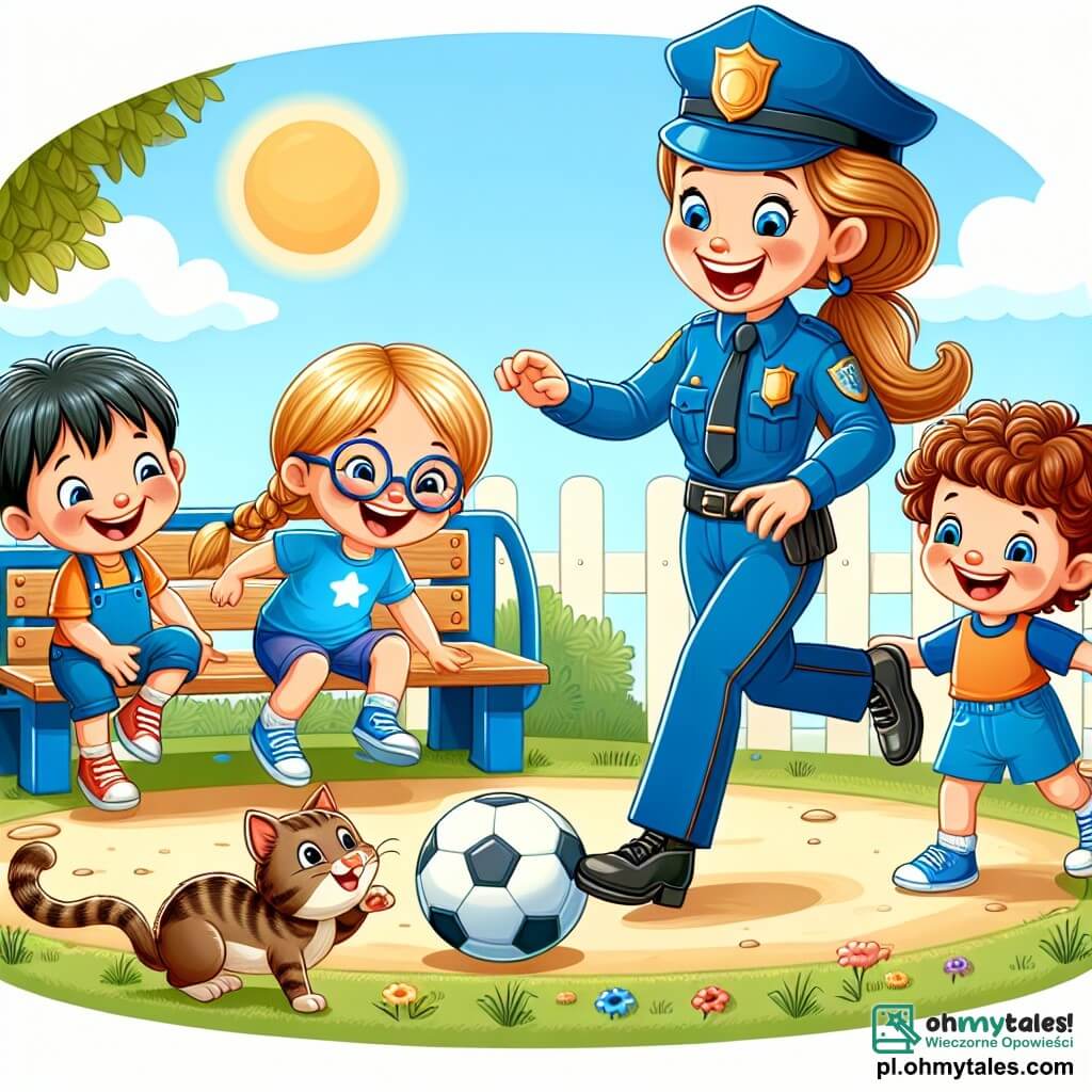 Une illustration sous forme de dessin destinée aux enfants représentant un charmant parc ensoleillé avec un terrain de jeux coloré, où une femme policière en uniforme bleu, souriante et dynamique, joue au ballon avec un groupe de trois enfants : un garçon aux cheveux bruns et aux lunettes qui rit aux éclats, une fille aux tresses blondes qui applaudit joyeusement, et un petit garçon aux cheveux frisés qui s'apprête à tirer au but, tandis qu'un chaton curieux les observe depuis un banc à proximité, capturant l'esprit d'entraide et de camaraderie dans leur petite communauté.