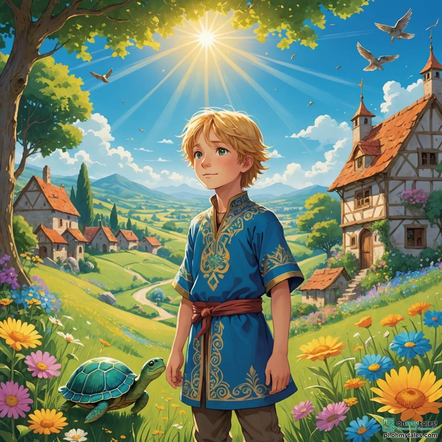 Une illustration destinée aux enfants représentant un garçon aux cheveux dorés comme les rayons du soleil, vêtu d'une tunique bleue scintillante, se tenant au bord d'une vaste prairie parsemée de fleurs multicolores dans un petit village enchanteur, où il découvre la beauté de l'amitié en rencontrant une sage tortue à la carapace ornée de motifs délicats et un oiseau aux plumes éclatantes qui virevolte autour de lui, tandis que le doux parfum des fleurs et le chant mélodieux des oiseaux créent une atmosphère magique et apaisante, propice à l'éveil de pensées profondes sur la valeur des liens qui unissent les êtres.