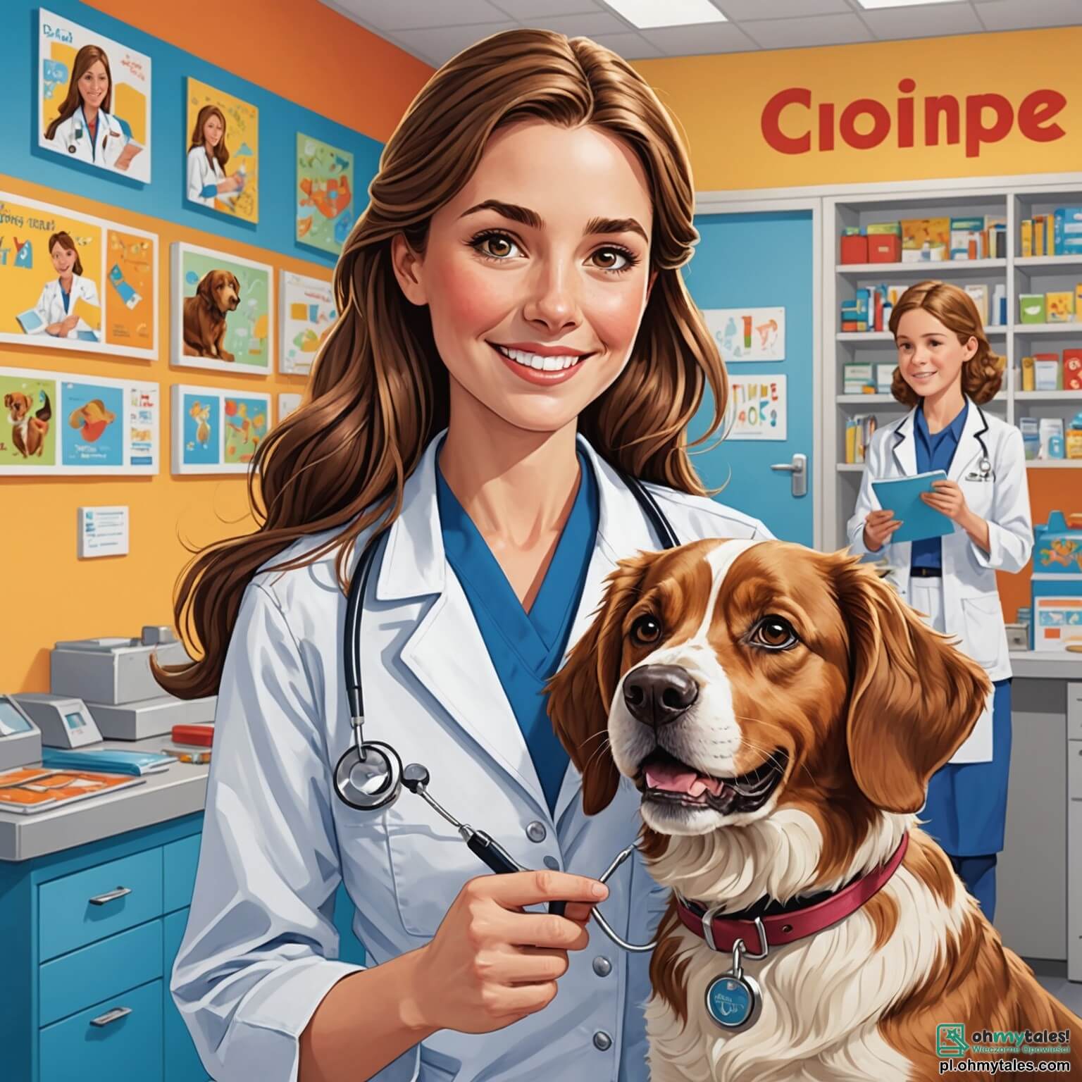 Une illustration destinée aux enfants représentant une femme vétérinaire au sourire chaleureux, avec de longs cheveux bruns flottant comme des vagues de chocolat, vêtue d'un blanc éclatant de son uniforme de travail, se tenant dans une clinique animée aux murs peints de couleurs vives, ornés de dessins d'animaux joyeux et de posters éducatifs, où elle examine avec soin un chien triste aux yeux pleins de larmes, tandis que deux enfants, un garçon aux cheveux blonds pétillants de curiosité et une fille aux tresses brunes débordant d'inquiétude, l'observent avec espoir, entourés de cages remplies de petits compagnons à plumes et à poils, tous impatients de recevoir un peu d'amour et de soins.