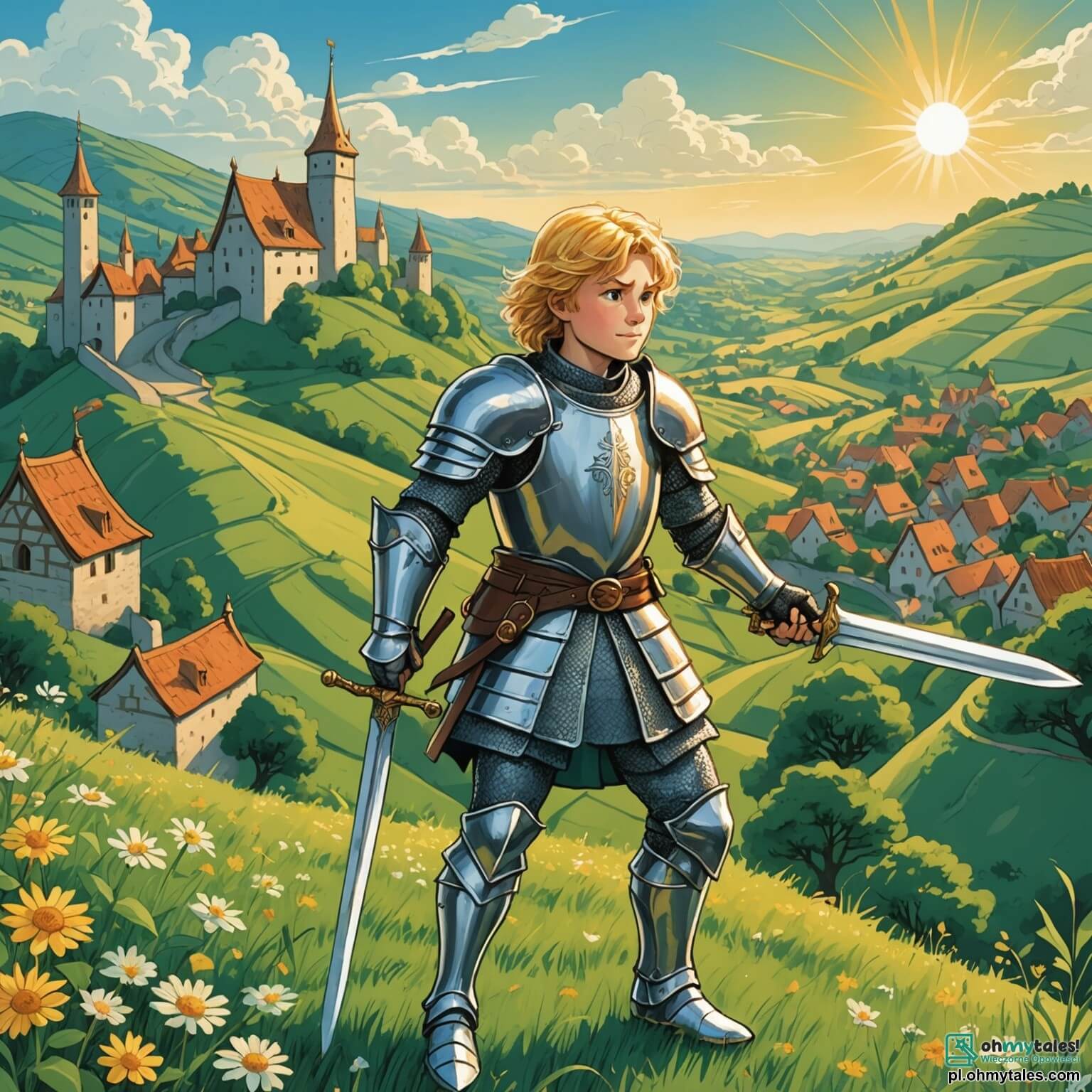 Une illustration destinée aux enfants représentant un courageux chevalier aux cheveux dorés scintillant comme le soleil, vêtu d'une armure étincelante ornée de motifs floraux, brandissant fièrement son épée en argent, se tenant au sommet d'une colline verdoyante surplombant un royaume paisible, où des villages pittoresques aux toits de chaume s'étendent à perte de vue, tandis qu'une jeune fille intrépide aux yeux pétillants et aux cheveux bouclés, vêtue d'une robe colorée, l'accompagne dans sa quête héroïque pour sauver son frère capturé par un tyran maléfique, dans un château sombre et menaçant, dont les murs de pierre sont recouverts de lierre et dont les tours effilées percent le ciel nuageux, créant une atmosphère à la fois magique et inquiétante.
