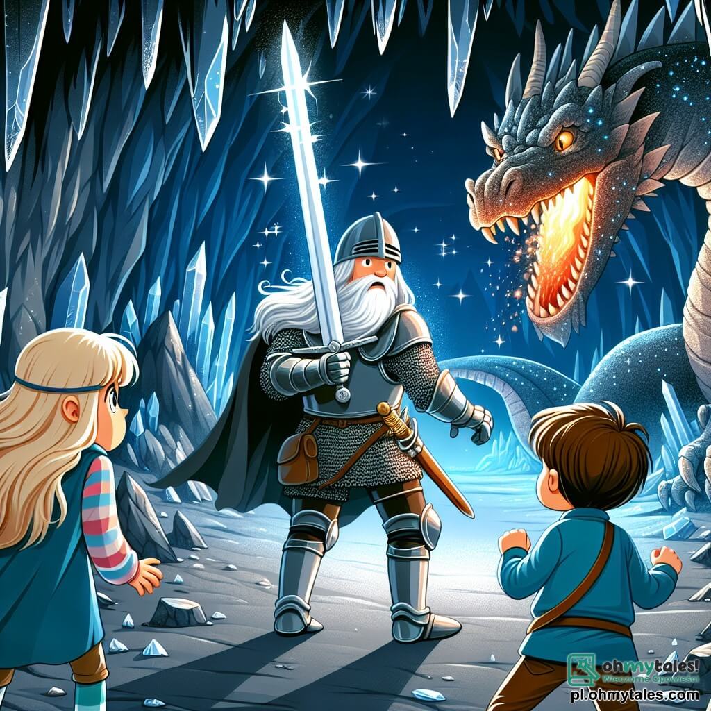 Une illustration sous forme de dessin destinée aux enfants représentant une jaskinia sombre et mystérieuse, avec des murs scintillants de cristaux, où un courageux chevalier à la longue barbe grise et à la vieille armure se tient fermement sur le dos d'un immense dragon, brandissant un épée scintillante, tandis que des enfants aux visages inquiets, une fille aux cheveux blonds et un garçon aux cheveux bruns, regardent avec espoir et admiration, témoins de la bataille entre le chevalier et le dragon menaçant qui souffle des flammes, symbolisant la bravoure et l'amitié dans un monde fantastique.
