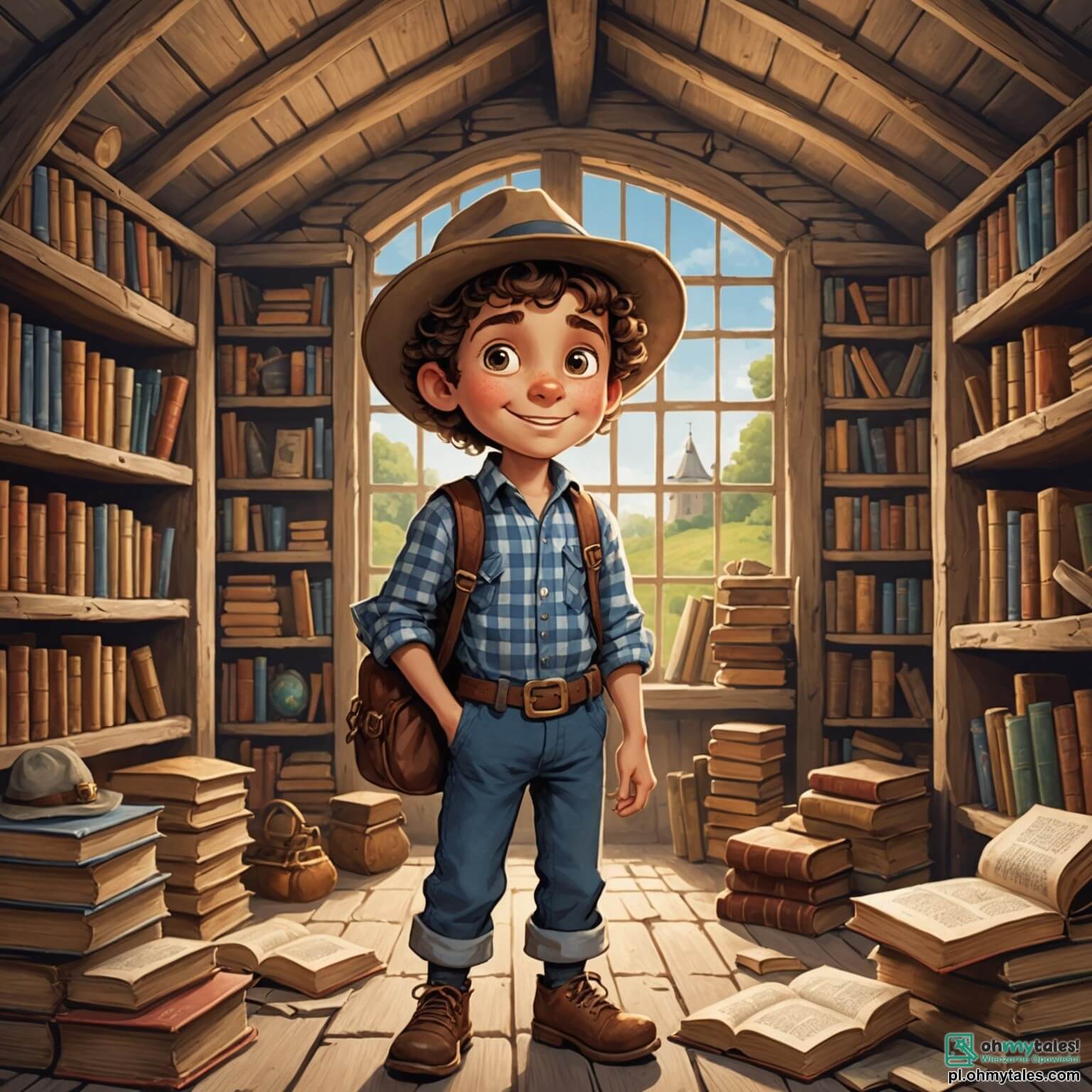 Une illustration destinée aux enfants représentant un petit garçon aux yeux pétillants de curiosité, vêtu d'une chemise à carreaux et d'un chapeau d'aventurier, se tenant devant un vieux grenier poussiéreux rempli de livres anciens et de trésors oubliés, alors qu'à ses côtés, une fille aux cheveux bouclés et au sourire malicieux, prête à le suivre dans une quête fascinante.