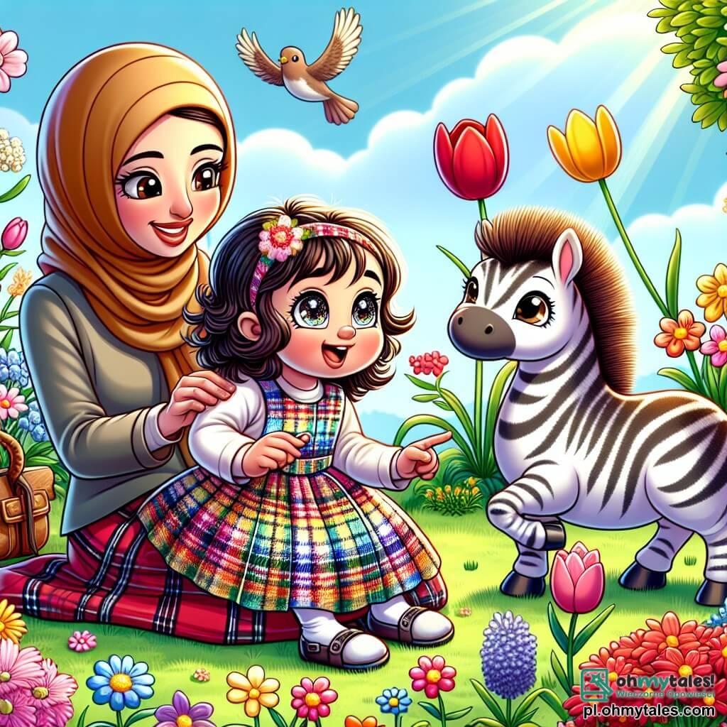 Une illustration sous forme de dessin destinée aux enfants représentant un jardin en pleine floraison au printemps, avec une petite fille de 1 an aux cheveux bouclés et aux yeux pétillants, assise sur un kilt coloré, émerveillée par des fleurs multicolores qui l'entourent, tandis qu'une maman souriante, aux cheveux longs et bruns, lui montre un tulipe rouge, et un petit zèbre aux rayures blanches et noires gambade joyeusement à proximité, le tout baigné par la douce lumière du soleil et le chant des oiseaux dans un ciel bleu sans nuages.