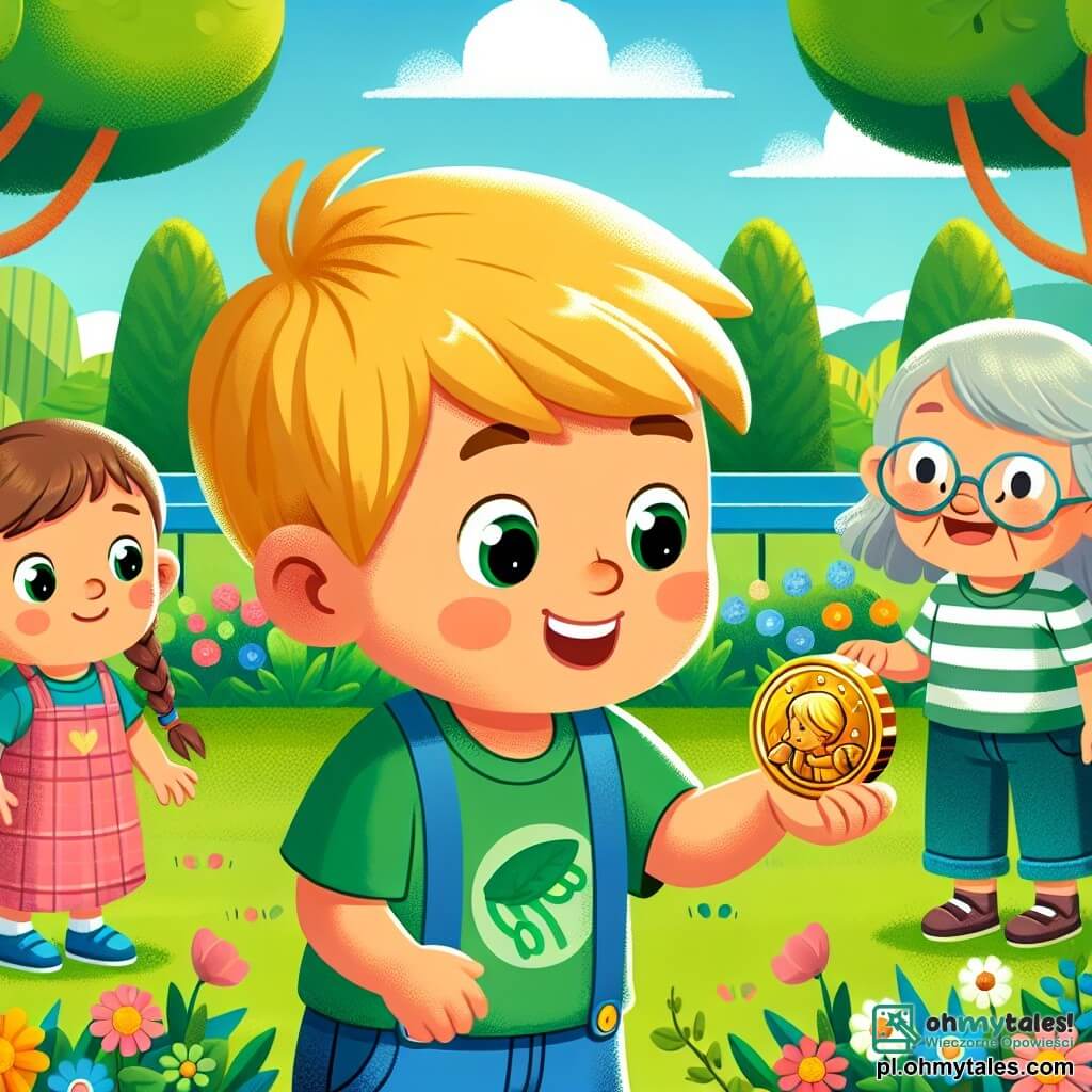 Une illustration sous forme de dessin destinée aux enfants représentant un parc ensoleillé avec des arbres verts et des fleurs colorées, où un garçon de 3 ans aux cheveux blonds et aux yeux pétillants, vêtu d'un t-shirt vert et de shorts bleus, tient une brillante pièce de monnaie dorée dans sa main, tandis qu'une petite fille aux cheveux bruns et aux nattes, portant une robe rose, et un garçon aux cheveux châtains en t-shirt rayé, l'observent avec admiration, illustrant le moment où le garçon décide de rendre la pièce à une vieille dame souriante qui vient de les rejoindre, soulignant ainsi le thème de l'honnêteté face à la tentation du mensonge.