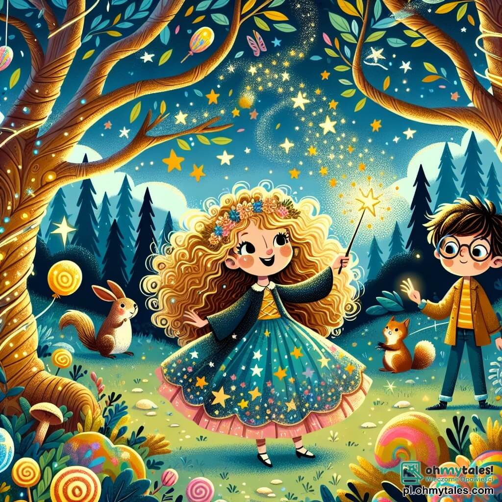 Ilustracja przedstawiająca zaczarowaną polanę w sercu magicznego lasu, gdzie drzewa o skręconych pniach i świecących liściach tańczą pod niebieskim niebem usłanym chmurami w kształcie cukierków. W centrum młoda uczennica czarownicy, dziewczyna z kręconymi, złotymi włosami, ubrana w kolorową suknię ozdobioną gwiazdami, trzyma świecącą różdżkę. Rzuca zaklęcie z zachwytem na twarzy, podczas gdy wokół niej wirują gwiazdy i iskry. Obok niej mały chłopiec w wieku około siedmiu lat, w okrągłych okularach i rozczochranych włosach, z fascynacją obserwuje, a jego oczy błyszczą z ciekawości. W tle zwierzęta leśne, takie jak wiewiórki i kolorowe ptaki, przyglądają się scenie, dodając życia i magii. Złote balony w kształcie monet unoszą się w powietrzu, świadcząc o zabawnym zaklęciu, które próbuje rzucić, tworząc radosną i czarującą atmosferę.