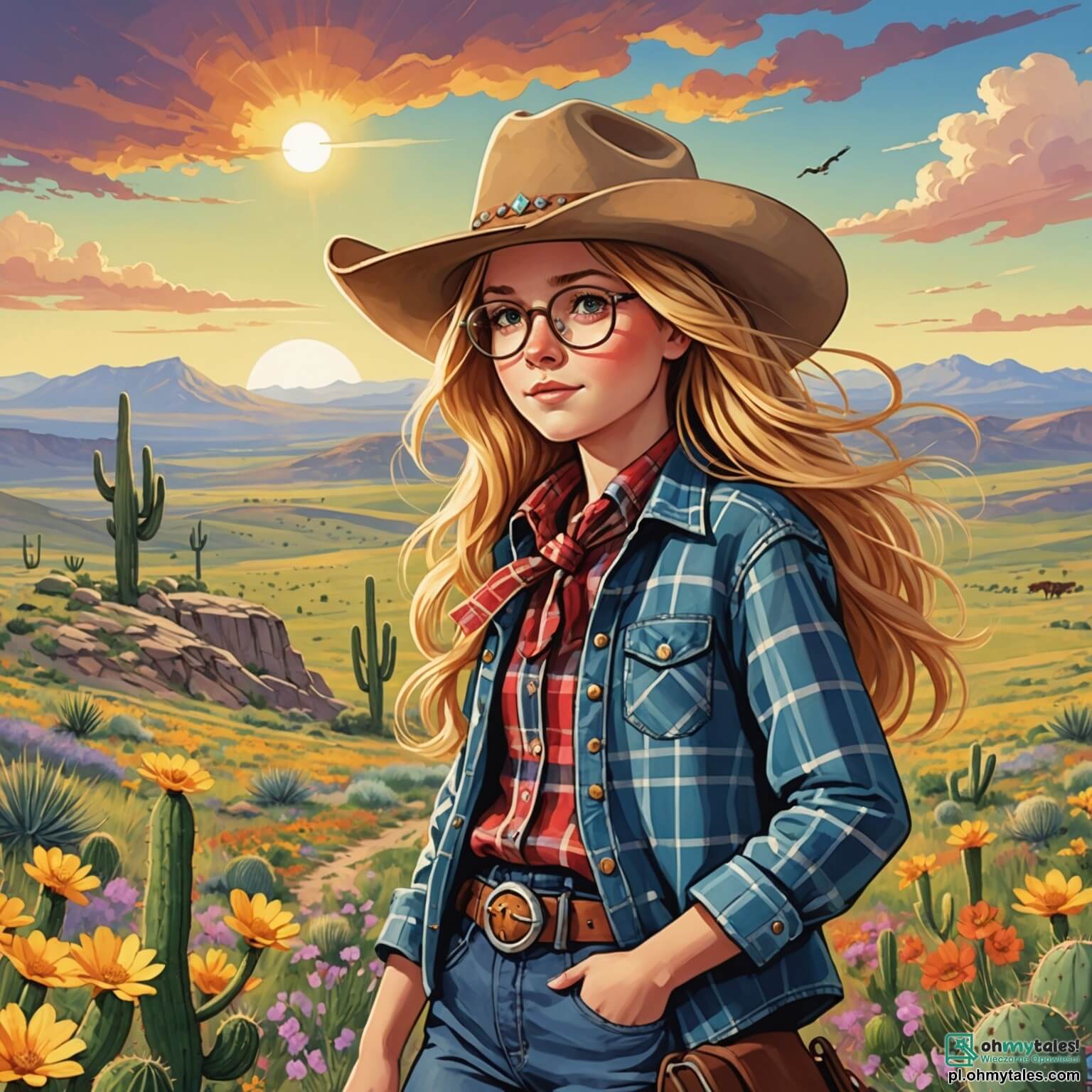 Une illustration destinée aux enfants représentant une courageuse cow-girl aux longs cheveux dorés flottant au vent, vêtue d’un chapeau de cowboy un peu trop grand et d’une chemise à carreaux colorée, se tenant fièrement sur un haut plateau surplombant une vaste prairie parsemée de fleurs sauvages et de cactus, tandis qu’à ses côtés, son meilleur ami, un garçon intrépide aux yeux pétillants, et leur amie malicieuse, une fille aux lunettes rondes, scrutent la rivière scintillante en quête d’un trésor caché, le tout sous un ciel bleu éclatant où le soleil brille intensément, illuminant les collines ondulantes et les troupeaux de bisons au loin.
