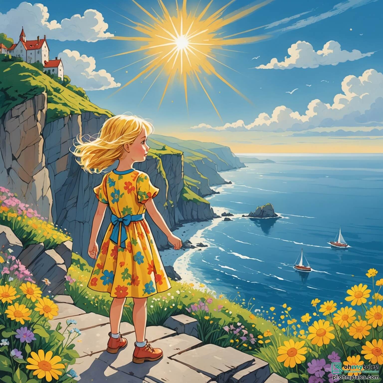 Une illustration destinée aux enfants représentant une petite fille aux cheveux d'or comme des rayons de soleil, vêtue d'une robe colorée parsemée de fleurs éclatantes, se tenant au bord d'une falaise surplombant un océan scintillant sous un ciel azur, où elle rêve de conquérir le défi impossible de traverser un pont de nuages, accompagnée de son fidèle ami, un garçon aux yeux pétillants et à la chevelure ébouriffée, qui l'encourage avec un sourire plein de bravoure, tandis qu'un sage hibou aux plumes argentées, perché sur une branche d'un arbre majestueux, observe la scène avec une sagesse silencieuse, prêt à offrir des conseils pour surmonter les obstacles qui se dresseront sur leur chemin.