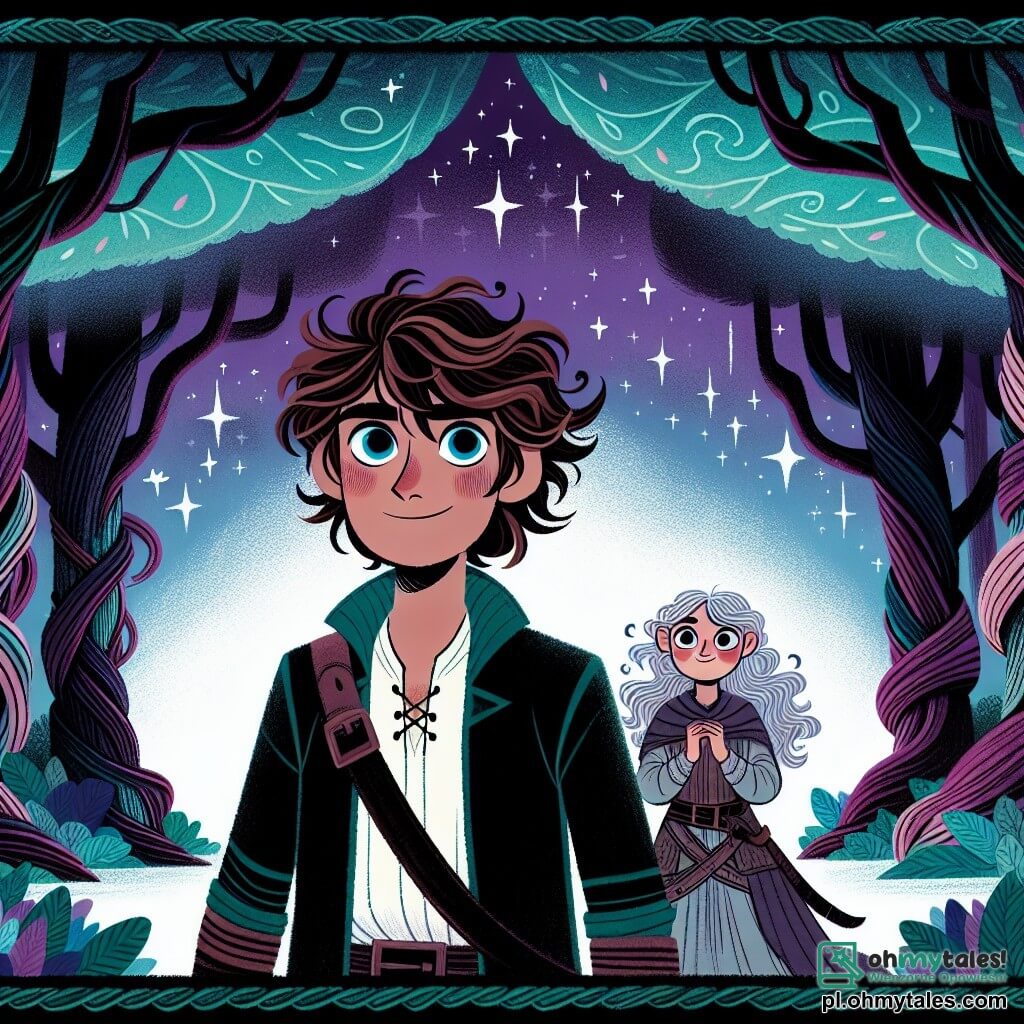 Une illustration destinée aux enfants représentant un jeune homme aux cheveux ondulés comme des vagues d'un océan mystérieux, dont les yeux brillent d'une lueur d'aventure, se tenant courageusement au cœur d'une forêt enchantée, où des arbres millénaires aux troncs tordus et aux feuilles scintillantes comme des émeraudes s'élèvent vers un ciel violet parsemé d'étoiles, tandis qu'à ses côtés, une jeune femme à la chevelure argentée et aux yeux pétillants de sagesse, la gardienne des secrets du bois, l'encourage à affronter les ombres menaçantes d'un ancien mal qui rôde, prêt à engloutir la magie de ce royaume mythique.