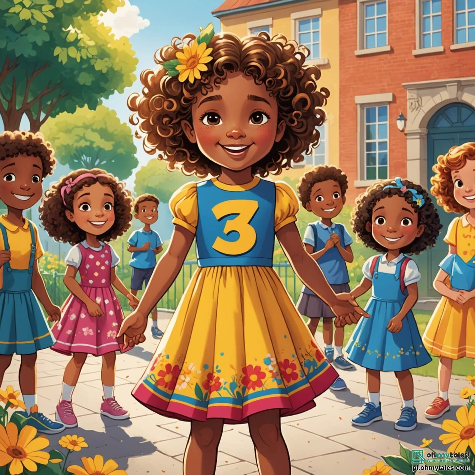 Une illustration destinée aux enfants représentant une petite fille aux cheveux bouclés et brillants comme des rayons de soleil, vêtue d'une robe colorée ornée de fleurs éclatantes, se tenant fièrement au milieu d'une cour d'école animée, où des garçons et des filles jouent ensemble, tandis qu'un groupe d'enfants, garçons et filles, l'encourage à participer à une course, illustrant ainsi l'importance de l'égalité des genres et de l'inclusion, le tout baigné dans la lumière dorée d'une belle journée d'été, avec des arbres verdoyants et des rires résonnants, créant une atmosphère joyeuse et pleine d'énergie.