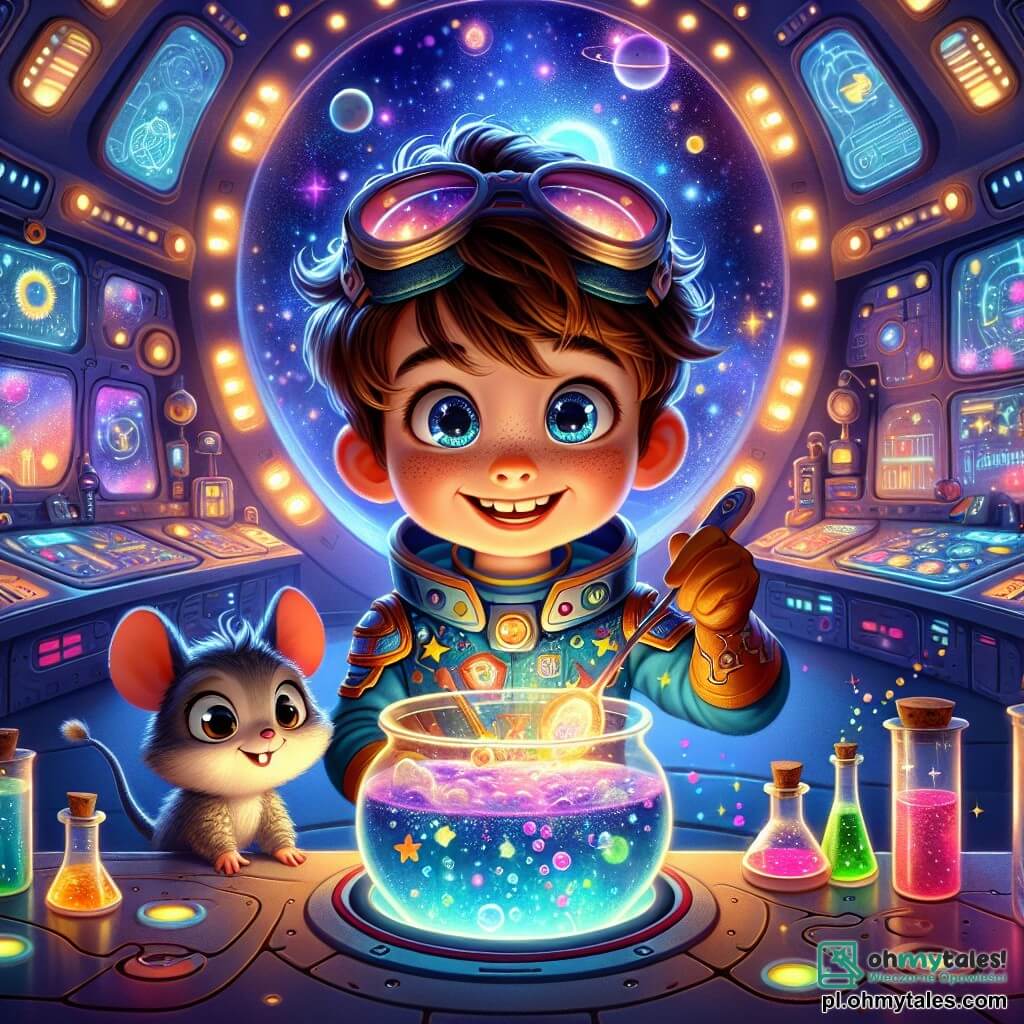 Ilustracja przedstawiająca magiczną scenę wewnątrz futurystycznej stacji kosmicznej. Ściany stacji są ozdobione migoczącymi światłami i kolorowymi panelami sterującymi, podczas gdy duże okna ukazują kosmos wypełniony błyszczącymi gwiazdami i kolorowymi planetami. Na środku obrazu stoi 7-letni chłopiec z dużymi, błękitnymi oczami pełnymi ciekawości, rozczochranymi brązowymi włosami i promiennym uśmiechem, mieszający mikstury w dużym kociołku. Ma na sobie kolorowy skafander kosmiczny z motywami gwiazd i planet oraz okulary ochronne na nosie. Obok niego stoi mały stworek o cechach gryzonia, z uszami nietoperza i puszystym futrem, uważnie obserwujący chłopca, trzymający w łapkach małą magiczną łyżeczkę. Ten drugoplanowy bohater, który wydaje się być w wieku młodego dorosłego, jest pełen energii i entuzjazmu, gotowy pomóc w jego eksperymentach. Scena przedstawia moment, w którym chłopiec i jego przyjaciel przygotowują magiczne eliksiry do uruchomienia stacji kosmicznej. Kolorowe bąbelki wydobywają się z kociołka, oświetlając ich twarze zaczarowanym blaskiem. Na półkach w tle znajdują się butelki z eliksirami w żywych kolorach, dodające całości tajemniczości i magii.