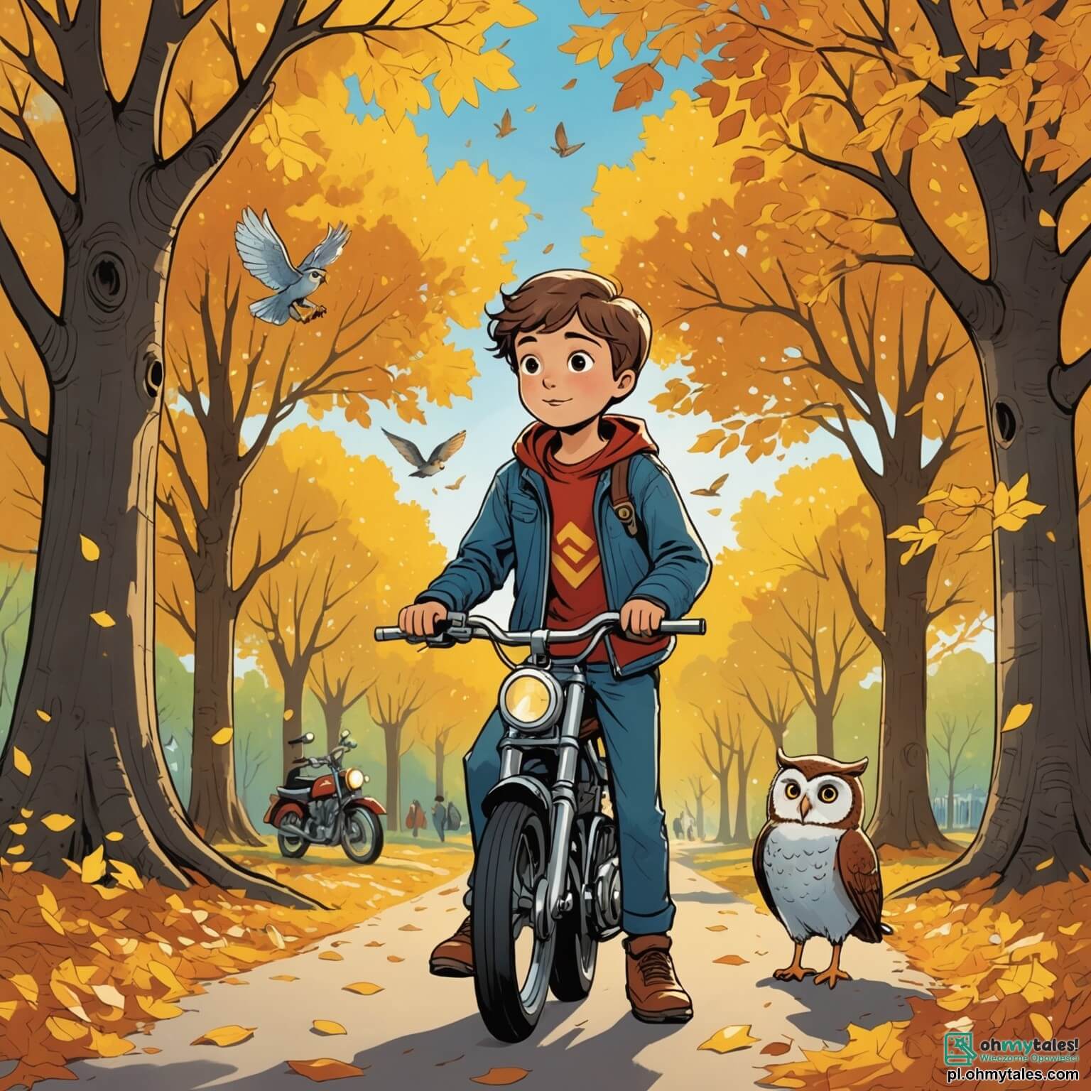 Une illustration destinée aux enfants représentant un jeune garçon aux yeux pétillants de curiosité, se tenant au milieu d'un parc enchanteur où les arbres majestueux, aux feuilles dorées et argentées, dansent doucement sous la brise légère, tandis qu'il observe avec émerveillement un petit motard coloré virevoltant autour de lui, tout en écoutant les sages paroles d'une vieille chouette aux plumes chatoyantes perchée sur une branche, qui lui enseigne les mystères de la vie et l'importance de suivre ses rêves, dans un cadre où les fleurs éclatantes s'épanouissent et où le doux chant des oiseaux crée une mélodie apaisante.