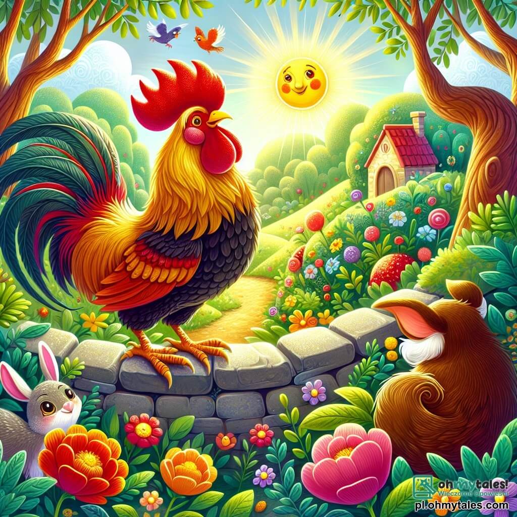 Une illustration destinée aux enfants représentant un coq flamboyant aux plumes dorées et au rougeoyant crête, se tenant fièrement sur un muret de pierre, entouré d'un jardin coloré où les fleurs dansent au gré du vent et où les rayons du soleil filtrent à travers les feuilles des arbres, tandis qu'il s'inquiète de voir son ami le petit lapin aux grandes oreilles, triste et apathique, dans une clairière verdoyante, où le chant joyeux des oiseaux et le murmure d'un ruisseau voisin créent une mélodie douce et apaisante, incitant le coq à partir à l'aventure pour redonner le sourire à son compagnon, tout en croisant sur son chemin une sage chouette perchée sur une branche et un hérisson espiègle, tous deux prêts à les aider dans leur quête de bonheur.