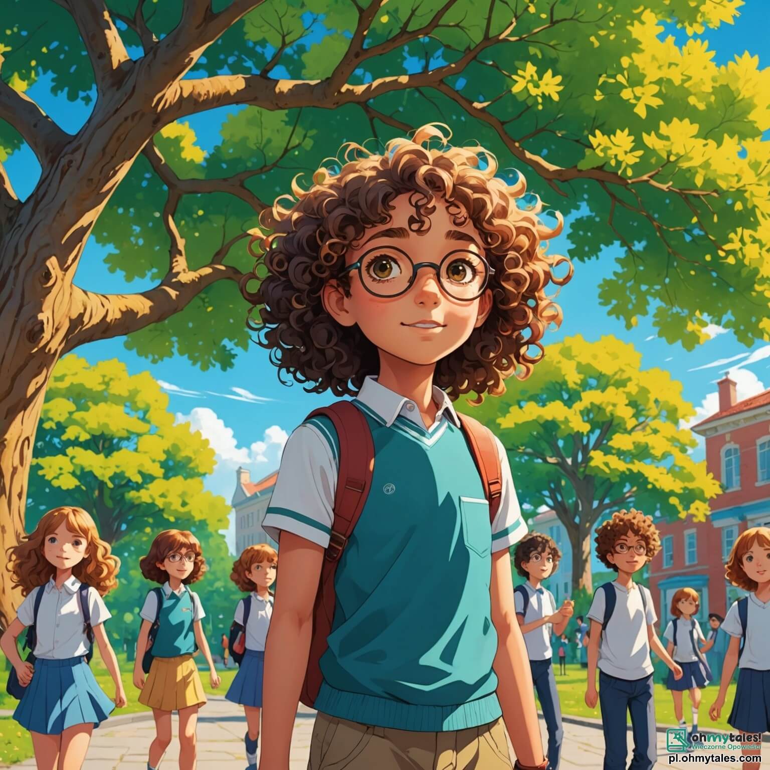 Une illustration destinée aux enfants représentant une fille de 10 ans aux cheveux bouclés et aux yeux pétillants, pleine de curiosité, se tenant au milieu d'une cour d'école colorée, entourée de camarades de classe, dont une autre fille à la peau dorée et un garçon aux lunettes rondes, tous jouant ensemble sous un ciel bleu éclatant, tandis qu'un grand chêne majestueux, aux feuilles vertes dansantes, offre de l'ombre et que des fleurs multicolores bordent le chemin, symbolisant l'harmonie et la tolérance, alors qu'elle s'efforce de créer des liens d'amitié avec une nouvelle élève timide, qui vient d'un pays lointain, et qui se sent un peu perdue dans ce nouvel environnement.