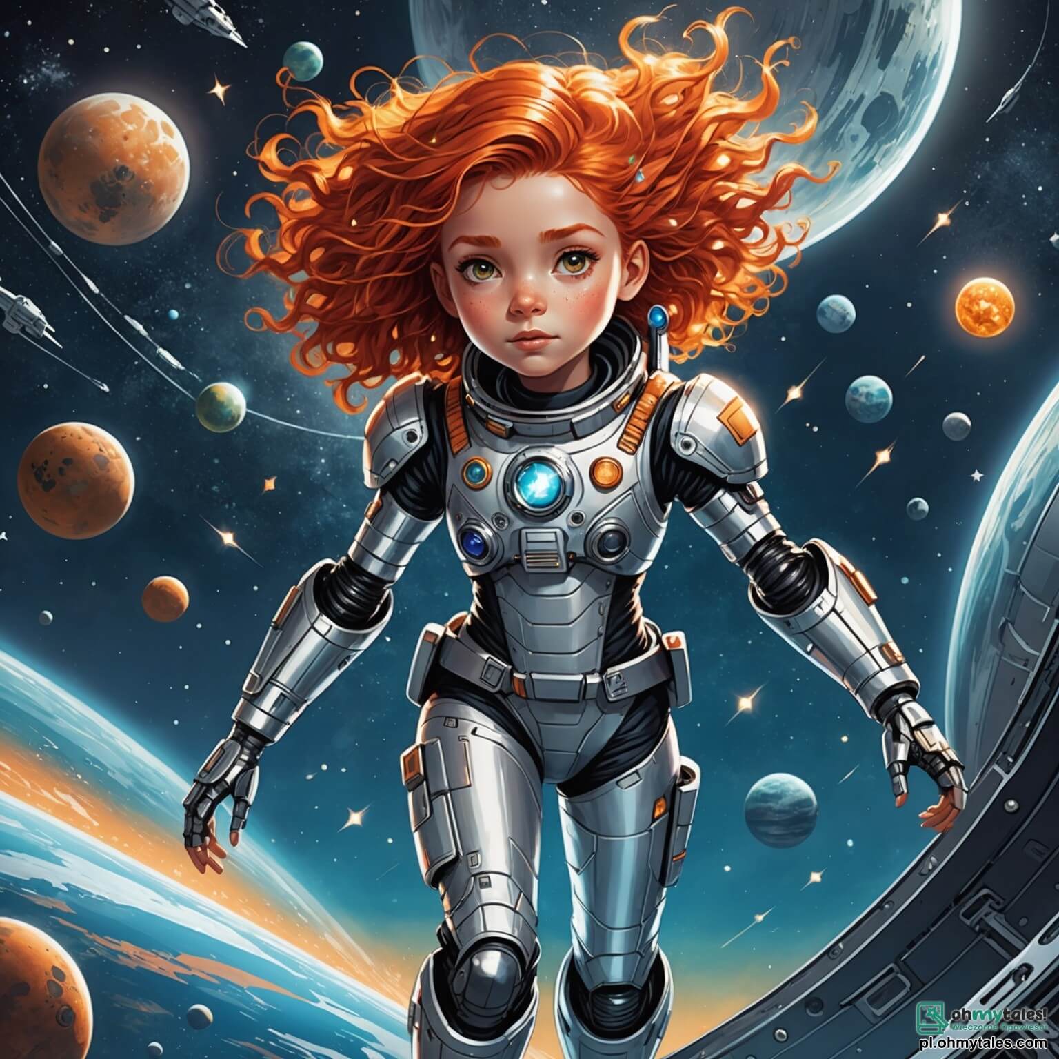 Une illustration destinée aux enfants représentant une jeune fille intrépide aux cheveux flamboyants flottant dans l'espace, vêtue d'une combinaison spatiale étincelante, naviguant à bord de son vaisseau futuriste aux reflets argentés, alors qu'elle se lance dans une aventure palpitante pour explorer une planète mystérieuse aux paysages enchanteurs, où des plantes luminescentes dansent sous un ciel étoilé, accompagnée de son fidèle compagnon, un petit robot aux yeux pétillants de curiosité, tous deux confrontés à des défis inattendus dans cet univers infini et coloré, où chaque étoile scintillante semble murmurer des secrets d'anciennes civilisations.