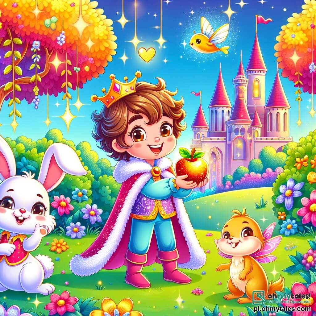 Une illustration sous forme de dessin destinée aux enfants représentant un jardin enchanté aux arbres colorés et aux fleurs éclatantes, où un jeune prince aux cheveux bouclés et à la pelisse rose, souriant joyeusement, tient un golden apple scintillant dans ses mains, tandis qu'un adorable petit lapin aux grandes oreilles et un poisson volant aux écailles brillantes l'entourent, tous trois célébrant leur découverte de trésors magiques et prêts à partager leur joie avec les habitants du royaume.