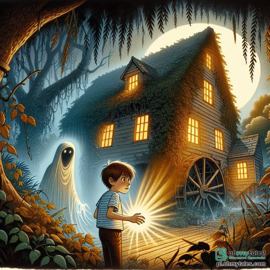 Une illustration sous forme de dessin destinée aux enfants représentant un vieux moulin en bois, recouvert de lierre et entouré d'un sombre et mystérieux bois, où un garçon de 11 ans aux cheveux châtains et aux yeux curieux, vêtu d'un t-shirt rayé et d'un short, tient une petite boule lumineuse dans ses mains, tandis qu'un esprit éthéré, avec une silhouette translucide et des yeux tristes, flotte près de lui, lui demandant de l'aide pour se libérer d'une malédiction, le tout baigné dans une lumière dorée du crépuscule qui contraste avec l'atmosphère inquiétante du lieu.