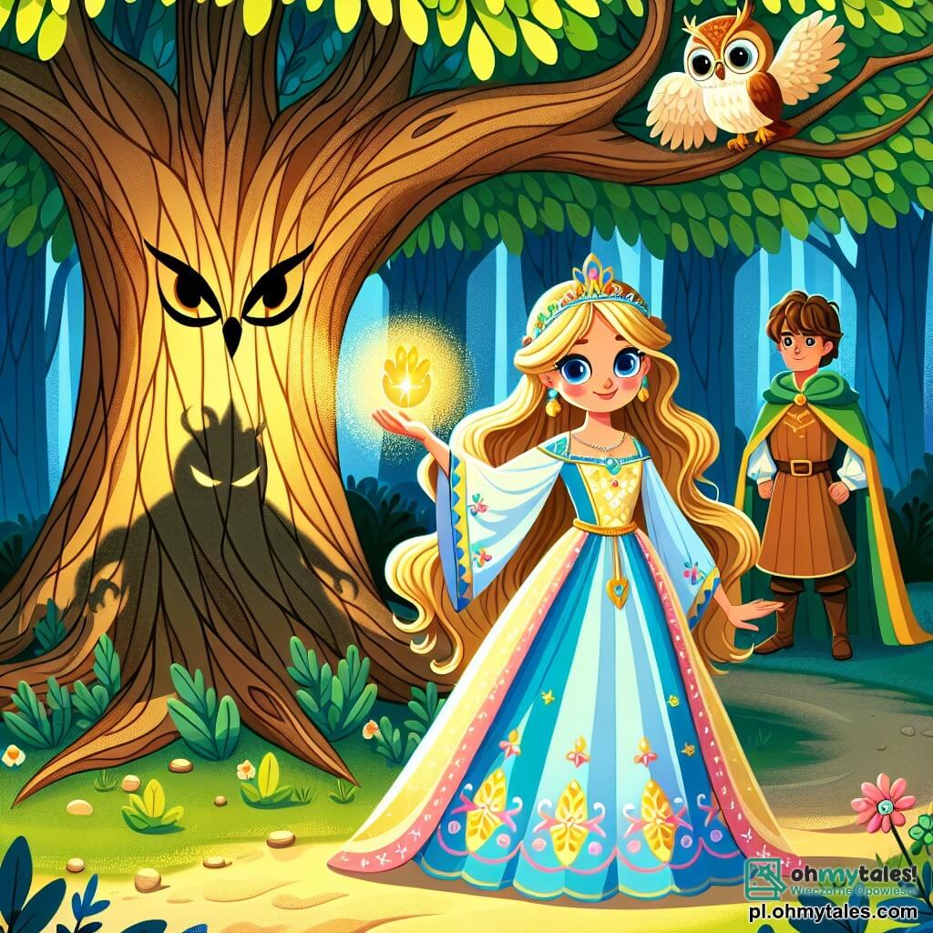 Une illustration sous forme de dessin destinée aux enfants représentant une magnifique forêt enchantée avec un grand arbre aux feuilles scintillantes, où une princesse aux longs cheveux dorés et aux yeux bleu ciel, vêtue d'une robe colorée, se tient courageusement devant un arbre majestueux, tenant un éclatant Kwiat Magii dans ses mains, tandis qu'à ses côtés, un jeune prince au regard déterminé et une petite chouette sage aux plumes brunes l'observent, alors qu'ils font face à une ombre menaçante qui s'approche d'eux, symbolisant le défi qu'ils doivent surmonter ensemble pour sauver leur royaume.