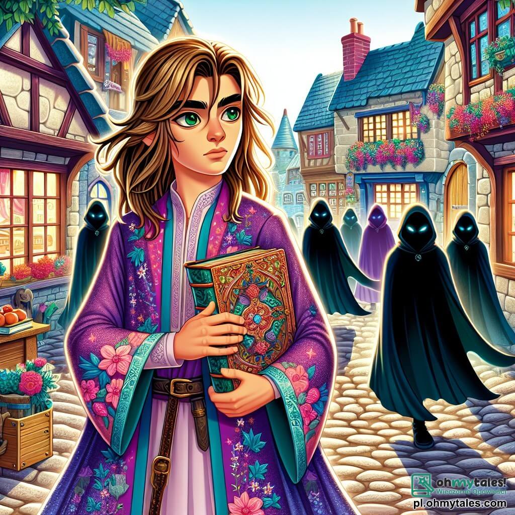 Une illustration sous forme de dessin destinée aux enfants représentant une petite rue pavée d'un ancien village magique, bordée de boutiques colorées, où une jeune sorcière aux longs cheveux dorés et aux yeux émeraude, vêtue d'une robe violette ornée de motifs floraux, tient une vieille livre de magie en regardant avec détermination un groupe d'ombres menaçantes en capes noires qui s'approchent d'elle, tandis qu'un petit chat noir aux yeux brillants, son fidèle compagnon, se tient à ses pieds, prêt à l'aider dans cette aventure fantastique.
