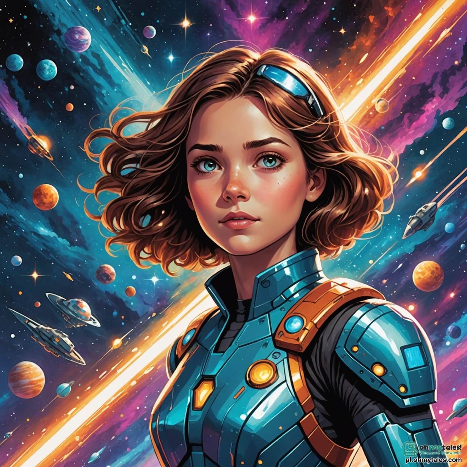 Une illustration destinée aux enfants représentant une jeune femme intrépide aux yeux pétillants de curiosité, naviguant à bord d'un vaisseau spatial scintillant comme une étoile filante à travers un océan de galaxies chatoyantes, où des nébuleuses aux couleurs flamboyantes dansent autour d'elle, tandis qu'à ses côtés, un robot amical à la voix douce et rassurante, doté d'un corps métallique brillant, l'accompagne dans sa quête d'aventures interstellaires sur une planète mystérieuse recouverte de forêts violettes et de lacs cristallins, où des créatures luminescentes se déplacent entre les arbres comme des lucioles enchantées, tout en cherchant des artefacts oubliés qui pourraient révéler les secrets de l'univers.