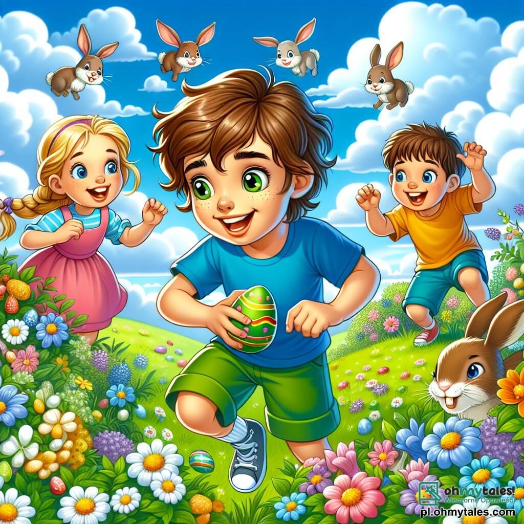 Une illustration sous forme de dessin destinée aux enfants représentant une joyeuse scène de Pâques dans une  prairie colorée, où un garçon de 9 ans aux cheveux châtains et aux yeux pétillants, vêtu d'une chemise bleue et d'un short vert, est en train de chercher des œufs en chocolat cachés parmi les fleurs éclatantes, tandis que deux de ses amis, une fille aux cheveux blonds tressés portant une robe rose et un garçon aux cheveux bruns en t-shirt jaune, l'encouragent avec des sourires radieux, le tout sous un ciel bleu parsemé de nuages blancs et avec des lapins espiègles sautillant autour d'eux.