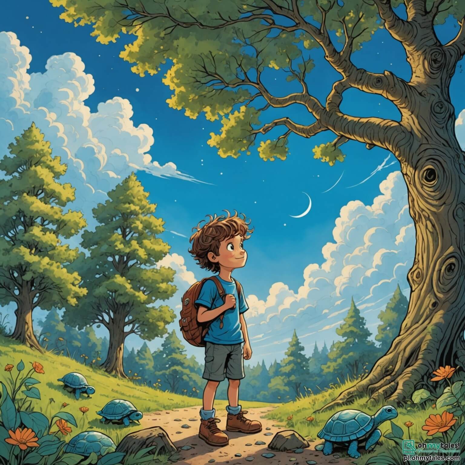 Une illustration destinée aux enfants représentant un garçon aux yeux pétillants de curiosité, dont les cheveux ébouriffés dansent au gré du vent, se tenant au bord d'une clairière enchantée, où des arbres majestueux aux troncs noueux s'élèvent vers un ciel azur parsemé de nuages cotonneux, tandis qu'il se prépare à explorer un monde mystérieux rempli de créatures fantastiques, comme une sage vieille tortue à la carapace ornée de motifs scintillants, qui l'accompagne avec douceur, et une espiègle petite fée aux ailes translucides, qui virevolte autour de lui en chuchotant des secrets sur les merveilles cachées de la forêt, tout cela se déroulant dans un royaume où la magie et la sagesse se rencontrent à chaque pas.