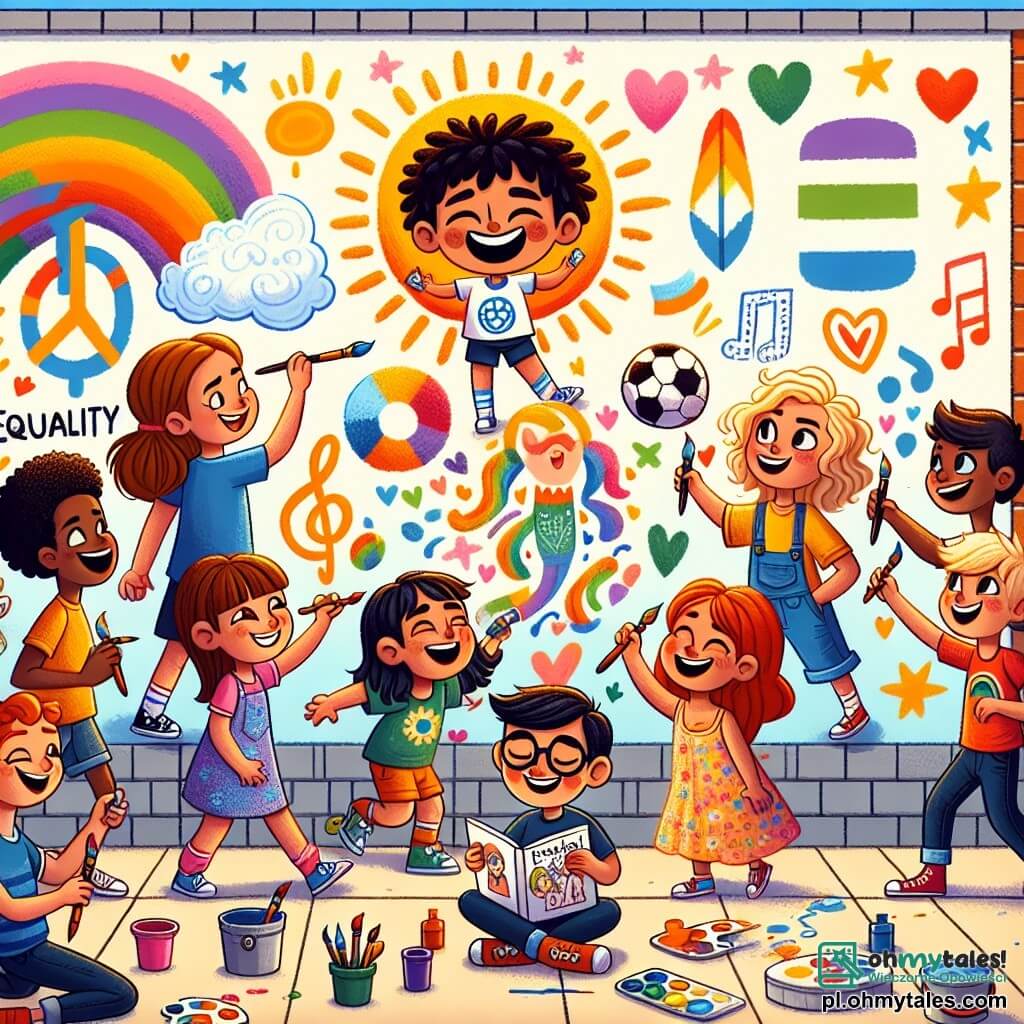 Ilustracja przedstawiająca dużą kolorową ścianę na podwórku szkolnym, gdzie grupa dzieci wspólnie pracuje nad wspaniałym muralem. Ściana jest ozdobiona żywymi rysunkami przedstawiającymi dzieci bawiące się razem, symbole równości, gwiazdy i serca, wszystko skąpane w słonecznym świetle. Na pierwszym planie dziewczynka w wieku około 8 lat, z długimi brązowymi włosami i okularami, trzyma pędzel i maluje wielki uśmiech na twarzy postaci na muralu. Obok niej chłopiec w wieku 9 lat, z rozczochranymi blond włosami i koszulą piłkarską, dodaje żywe kolory do piłki nożnej, pokazując swoje entuzjazm. Nieco dalej inna dziewczynka w wieku 7 lat, z kręconymi włosami i kolorową sukienką, rysuje nuty muzyczne wokół skrzypiec, podczas gdy chłopiec w wieku 8 lat, z okularami i figlarnym uśmiechem, pisze historię w małym notesie, inspirowany rysunkami wokół niego. Wszystkie dzieci, różnych płci, są zjednoczone w radosnej i współpracującej atmosferze, ilustrując ducha równości i przyjaźni. Pędzle, farby i śmiech unoszą się w powietrzu, tworząc atmosferę kreatywności i harmonii.