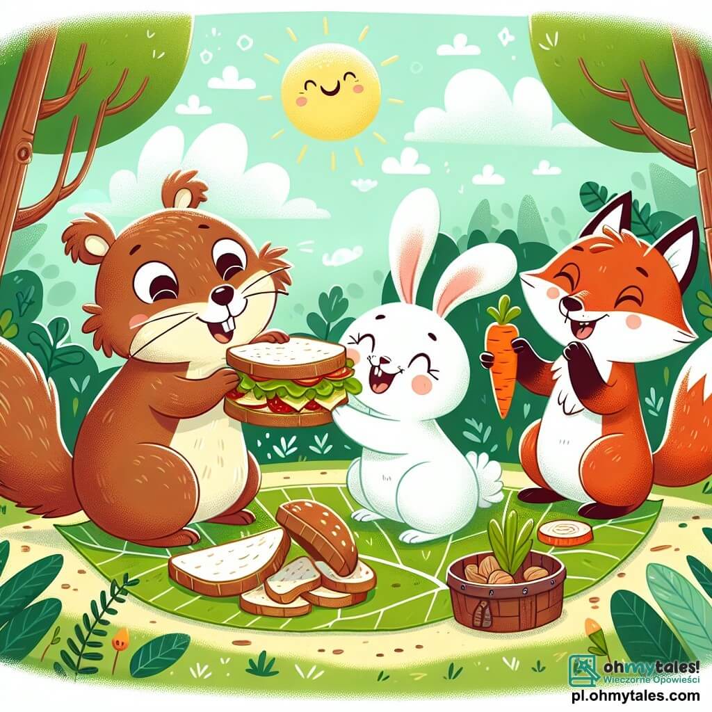 Une illustration sous forme de dessin destinée aux enfants représentant un charmant pique-nique dans une clairière ensoleillée, où une marmotte au pelage brun et aux yeux pétillants prépare des sandwiches sur un grand feuillage, entourée d'un joyeux lapin aux grandes oreilles blanches tenant une carotte comme un microphone, et d'un sage renard au pelage roux qui croque des noix, tandis qu'ils rient et dansent ensemble, créant une atmosphère de bonheur et d'amitié au cœur de la forêt.