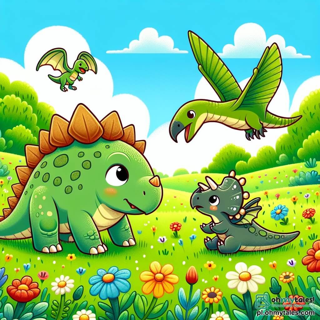 Une illustration sous forme de dessin destinée aux enfants représentant une vaste prairie verdoyante parsemée de fleurs colorées, où un petit stégosaure aux plaques dorsales en forme de losanges et à la peau verte se tient curieusement, regardant un petit pterodactyle aux ailes délicates et aux yeux larmoyants, tandis qu'un jeune triceratops aux cornes naissantes s'approche pour offrir son aide, le tout sous un ciel bleu parsemé de nuages moelleux, capturant l'instant où les amis décident de s'unir pour retrouver la maman du pterodactyle perdu.