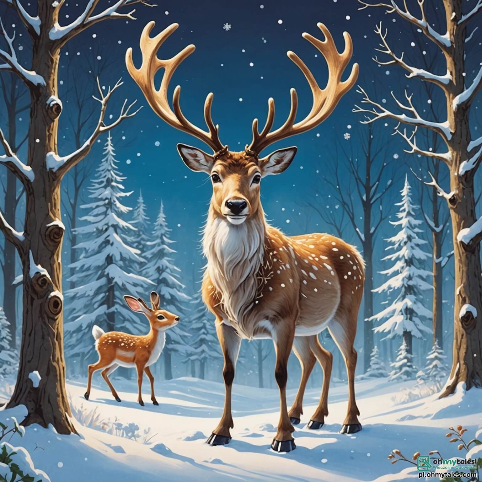 Une illustration destinée aux enfants représentant un majestueux renne au pelage éclatant comme la neige, aux yeux pétillants de curiosité, se tenant fièrement au cœur d'une forêt enchantée où les flocons de neige dansent doucement dans l'air frais, entouré de ses fidèles amis, une espiègle petite souris aux grandes oreilles et un zélé lapin aux pattes agiles, alors qu'ils se lancent dans une quête palpitante pour retrouver la précieuse boule magique du Roi de l'Hiver, perdue dans les profondeurs d'un ancien bois mystérieux, où les arbres aux troncs noueux, recouverts de givre scintillant, semblent murmurer des secrets oubliés et où le doux bruit du vent se mêle aux rires des animaux, créant une atmosphère à la fois magique et pleine d'aventure.
