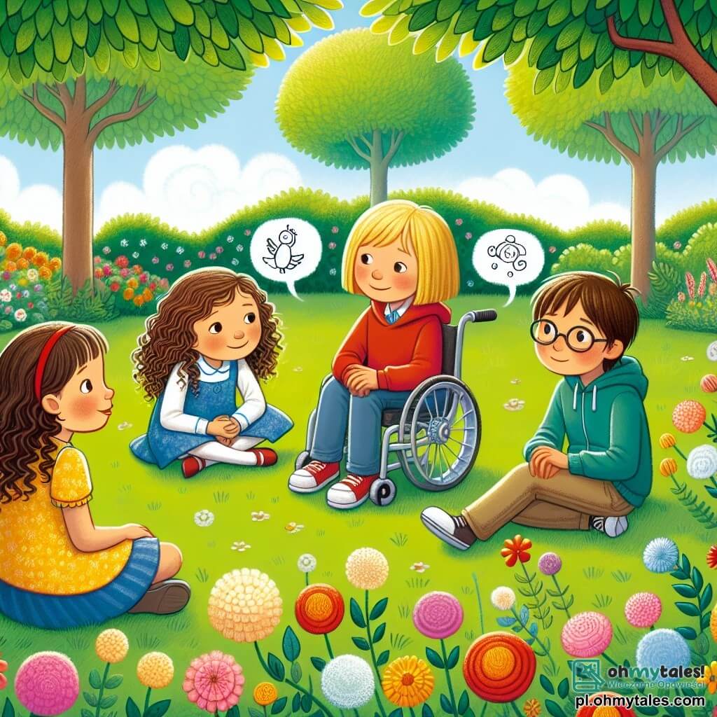 Ilustracja przedstawiająca słoneczny park, wypełniony drzewami o jaskrawozielonych liściach i kolorowymi kwiatami tańczącymi na wietrze. W centrum grupa czterech dzieci stoi w kręgu na miękkiej, zielonej trawie. Dwie dziewczynki, w wieku około 11 lat, są na pierwszym planie: jedna ma kręcone brązowe włosy i nosi żółtą sukienkę, z entuzjazmem się uśmiecha, podczas gdy druga, z gładkimi blond włosami, ma na sobie niebieską koszulkę i z ciekawością patrzy na swoją przyjaciółkę. Obok nich stoi chłopiec w wieku 11 lat, z kasztanowymi włosami i w czerwonym dresie, wyglądający na trochę zakłopotanego, z rękami w kieszeniach. Na końcu, inna dziewczynka, również w wieku 11 lat, siedzi na wózku inwalidzkim, z kasztanowymi włosami i okularami, uśmiechając się serdecznie i zachęcając grupę. Główna sytuacja pokazuje dzieci w trakcie rozmowy, z dymkami dialogowymi ilustrującymi myśli na temat prawdy i kłamstwa. Dodatkowe elementy graficzne to rysunek telefonu komórkowego w ręku chłopca, symbolizujący kłamstwo, które opowiedział, oraz unoszące się serca wokół dziewczynek, reprezentujące przyjaźń i zrozumienie.