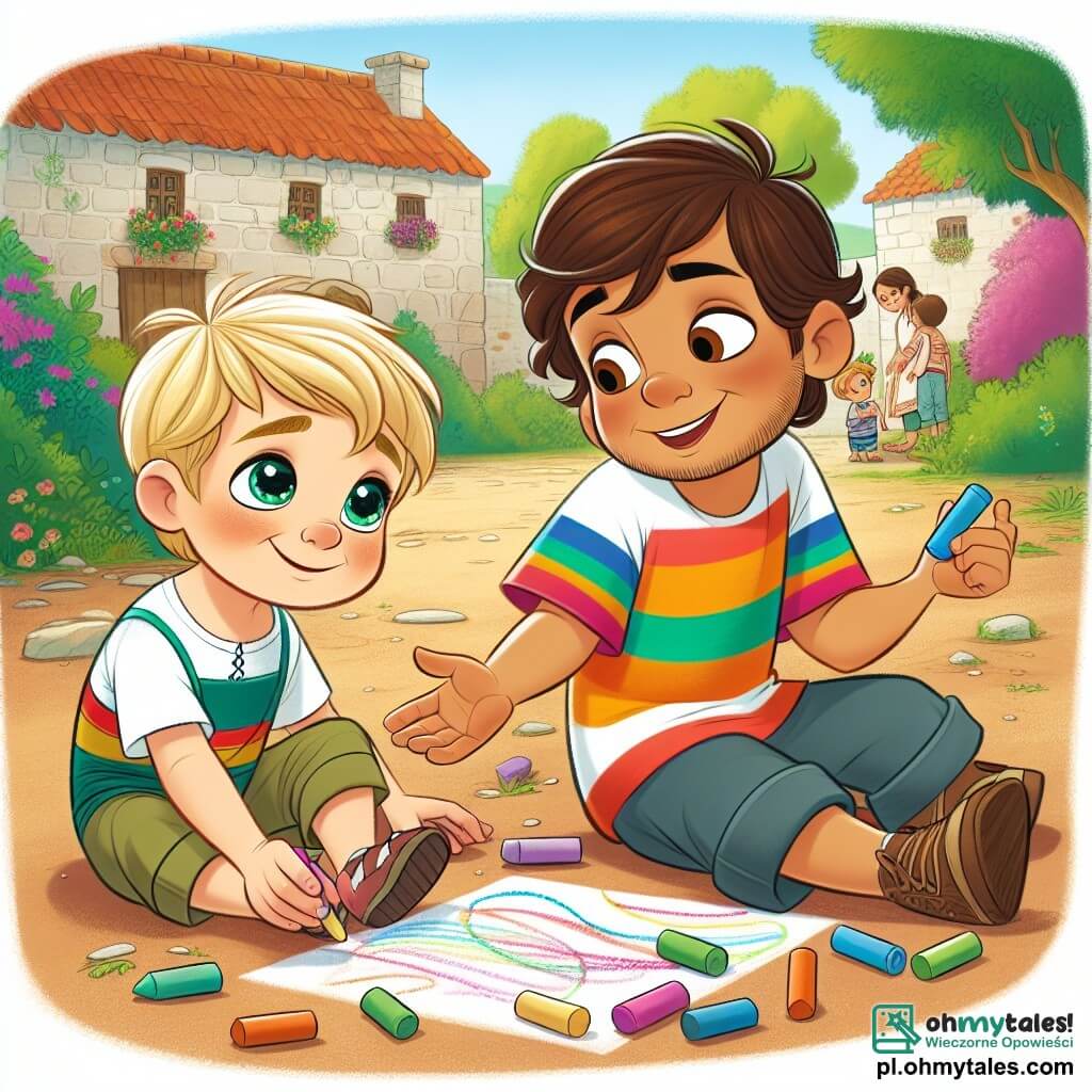 Une illustration sous forme de dessin destinée aux enfants représentant un jardin ensoleillé dans un petit village, où un garçon de 5 ans aux cheveux blonds et aux yeux pétillants, vêtu d'un t-shirt coloré, dessine avec des craies sur le sol, tandis qu'à ses côtés, un garçon de 6 ans aux cheveux bruns et à la peau mate, portant un t-shirt à rayures, sourit en tenant un papier coloré pour fabriquer un cerf-volant ; ils partagent un moment de joie et d'amitié, illustrant la tolérance et l'acceptation des différences culturelles.