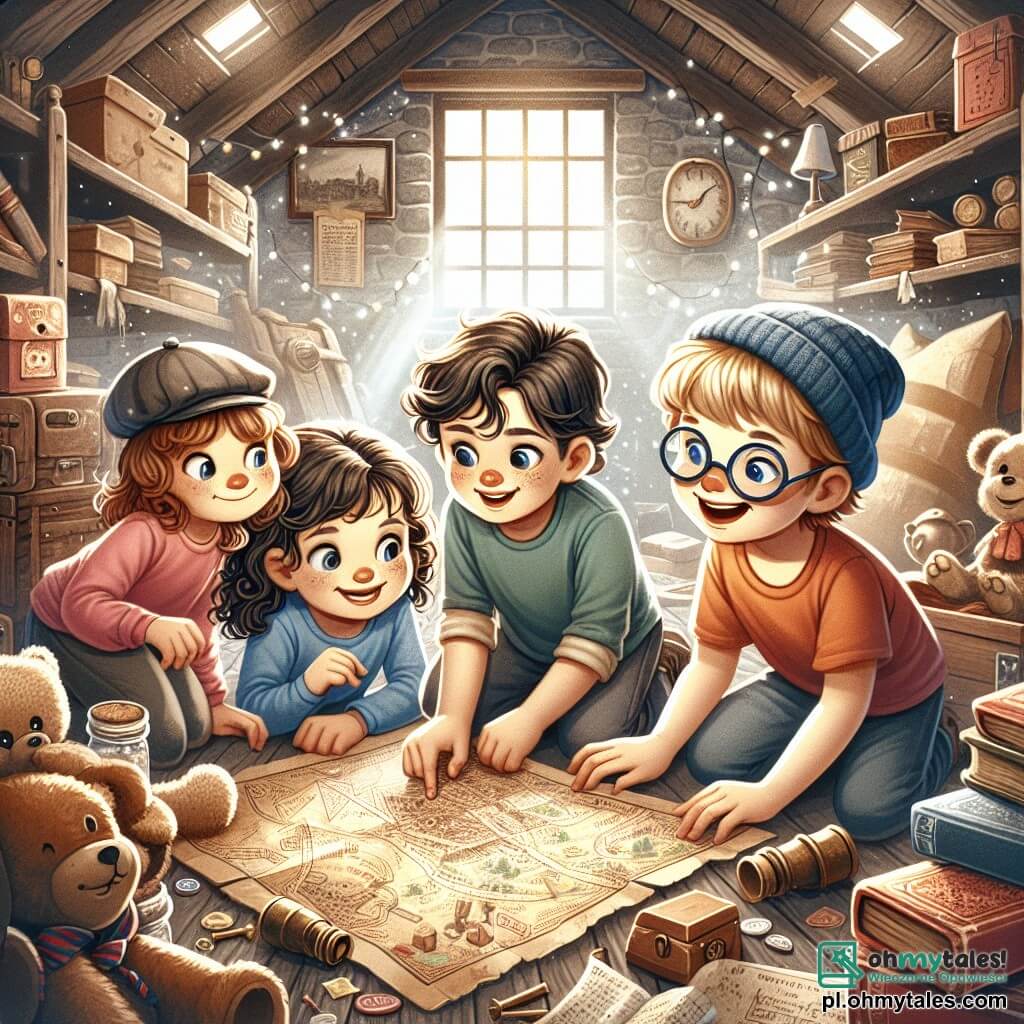 Une illustration sous forme de dessin destinée aux enfants représentant un vieux strych poussiéreux rempli de jouets anciens et de livres oubliés, où un groupe de quatre enfants de 11 ans, deux filles aux cheveux châtains et bouclés, l'une portant une casquette et l'autre un t-shirt coloré, ainsi qu'un garçon aux lunettes et un autre garçon aux cheveux blonds, tous les quatre fouillent avec enthousiasme dans une vieille carte mystérieuse, découvrant des indices pour une chasse au trésor, tandis qu'une douce lumière filtre à travers une fenêtre poussiéreuse, créant une atmosphère magique et d'aventure.