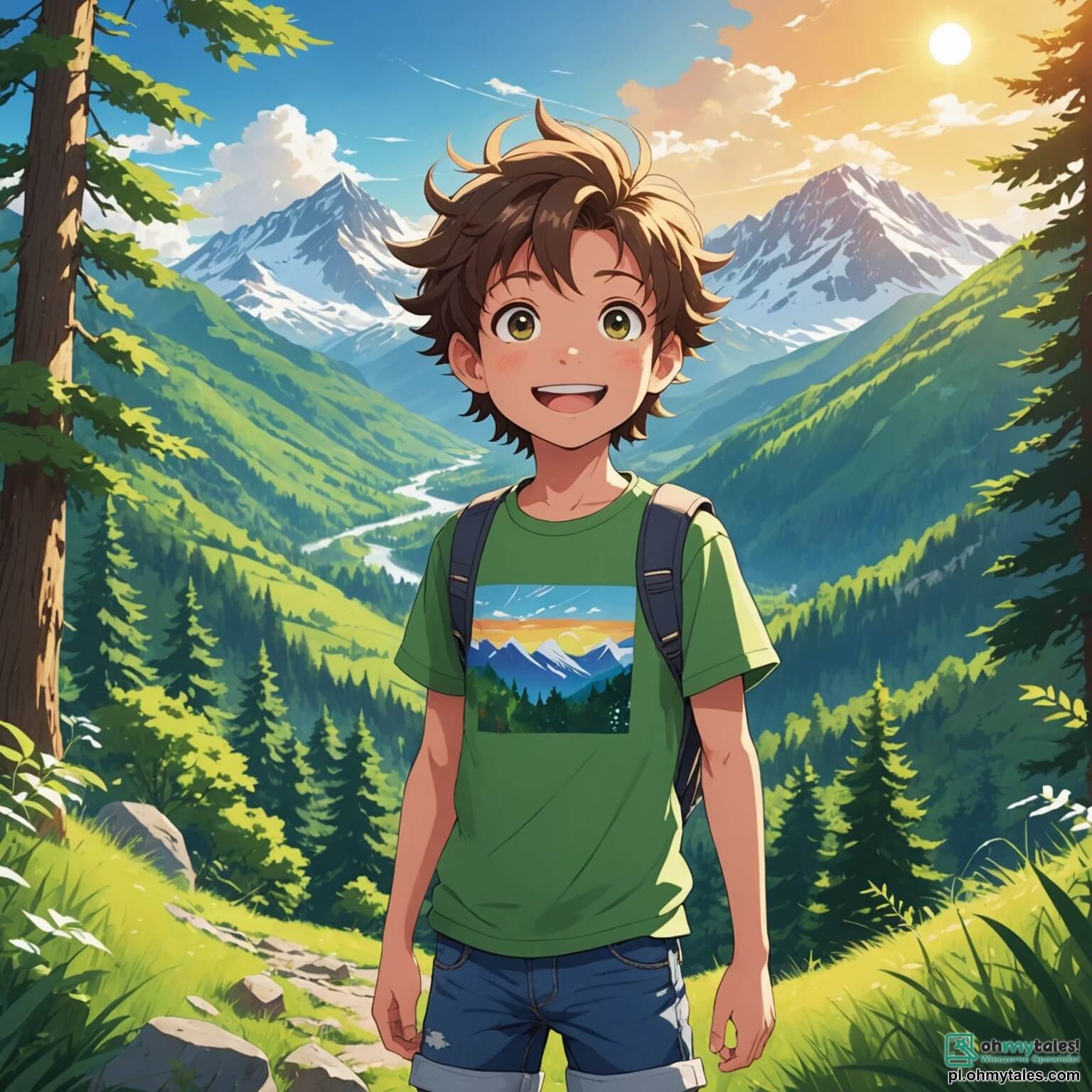 Une illustration destinée aux enfants représentant un garçon aux cheveux ébouriffés et aux yeux pétillants d'excitation, vêtu d'un t-shirt coloré et d'un short en jean, se tenant courageusement au pied d'une majestueuse montagne aux sommets enneigés, entourée d'une forêt dense où les rayons du soleil filtrent à travers les feuillages verdoyants, tandis qu'à ses côtés se tiennent sa meilleure amie, une fille au sourire radieux et aux nattes rebondissantes, ainsi que deux autres amis, un garçon aux lunettes rondes et une fille audacieuse, tous prêts à explorer les mystères d'une grotte légendaire où un trésor magique est caché, faisant face à l'inconnu avec des cœurs battant à l'unisson.