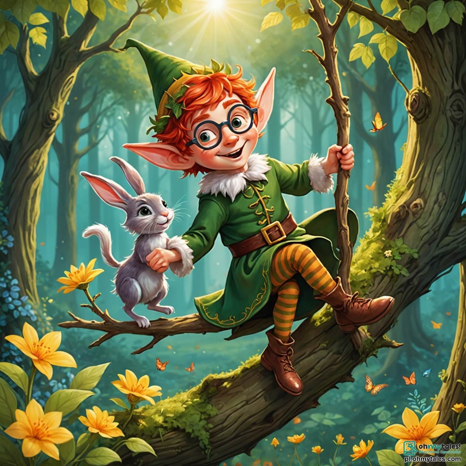 Une illustration destinée aux enfants représentant un lutin espiègle aux cheveux flamboyants et aux yeux pétillants, se balançant joyeusement sur une branche d'arbre au cœur d'une forêt enchantée, où les fleurs dansent au rythme du vent et les rayons de soleil filtrent à travers le feuillage, tandis qu'un petit lapin aux lunettes rondes, son fidèle ami, observe avec curiosité les aventures du lutin.