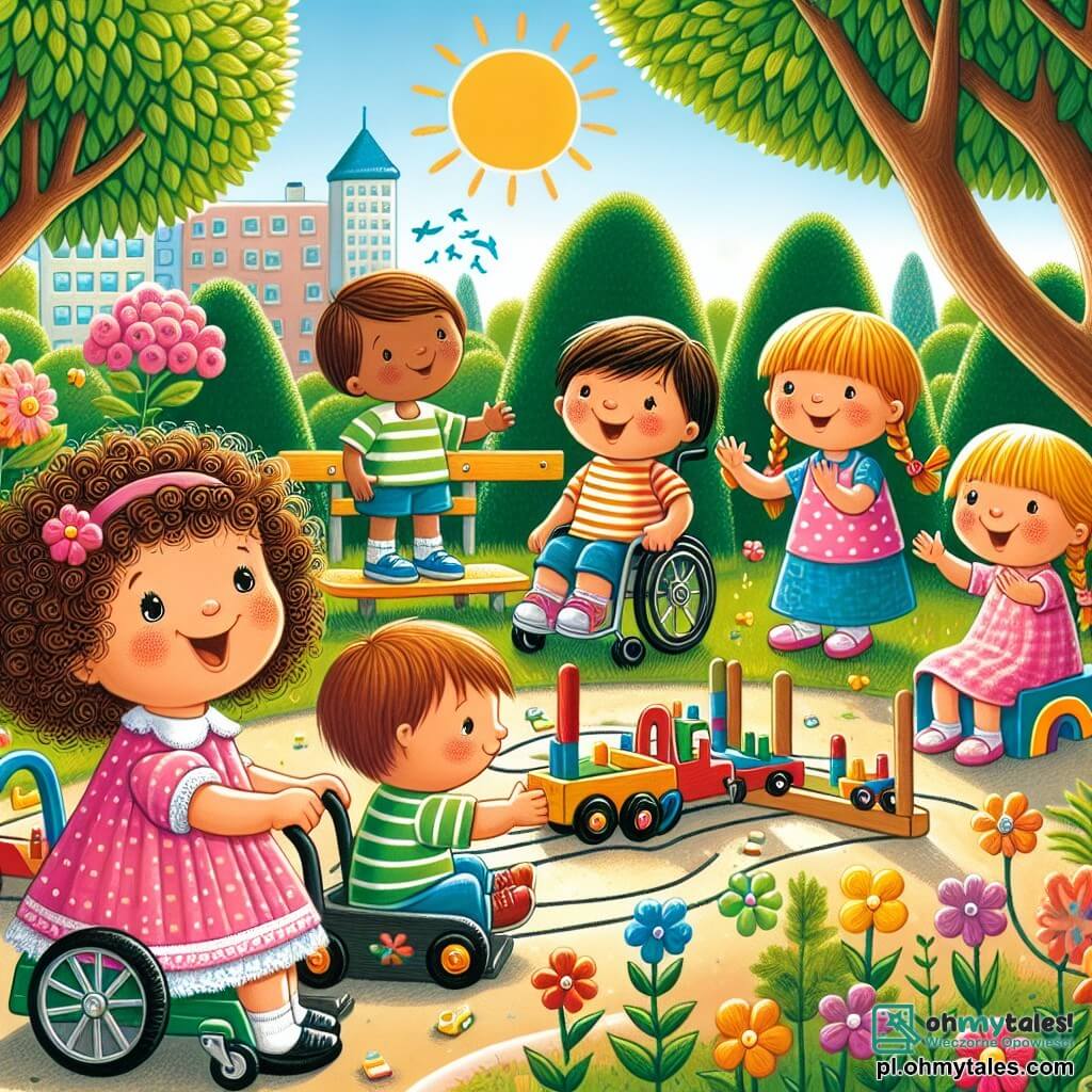 Illustration destinée aux enfants représentant un joyeux parc ensoleillé, rempli de fleurs colorées et de grands arbres aux feuilles vertes, où un groupe d'enfants joue ensemble sur un terrain de jeux. Au premier plan, une petite fille de 3 ans avec de longs cheveux bouclés, portant une robe rose à pois blancs, sourit en tenant un petit camion de jouet, tandis qu'à ses côtés, un garçon aux cheveux bruns, assis sur un petit fauteuil roulant, dirige un circuit de voitures en bois, entouré de deux autres enfants : une fille aux cheveux blonds en tresse qui applaudit et un garçon aux cheveux châtains qui s'enthousiasme pour la course. L'atmosphère est pleine de joie et d'amitié, illustrant le plaisir de jouer ensemble, peu importe les différences.