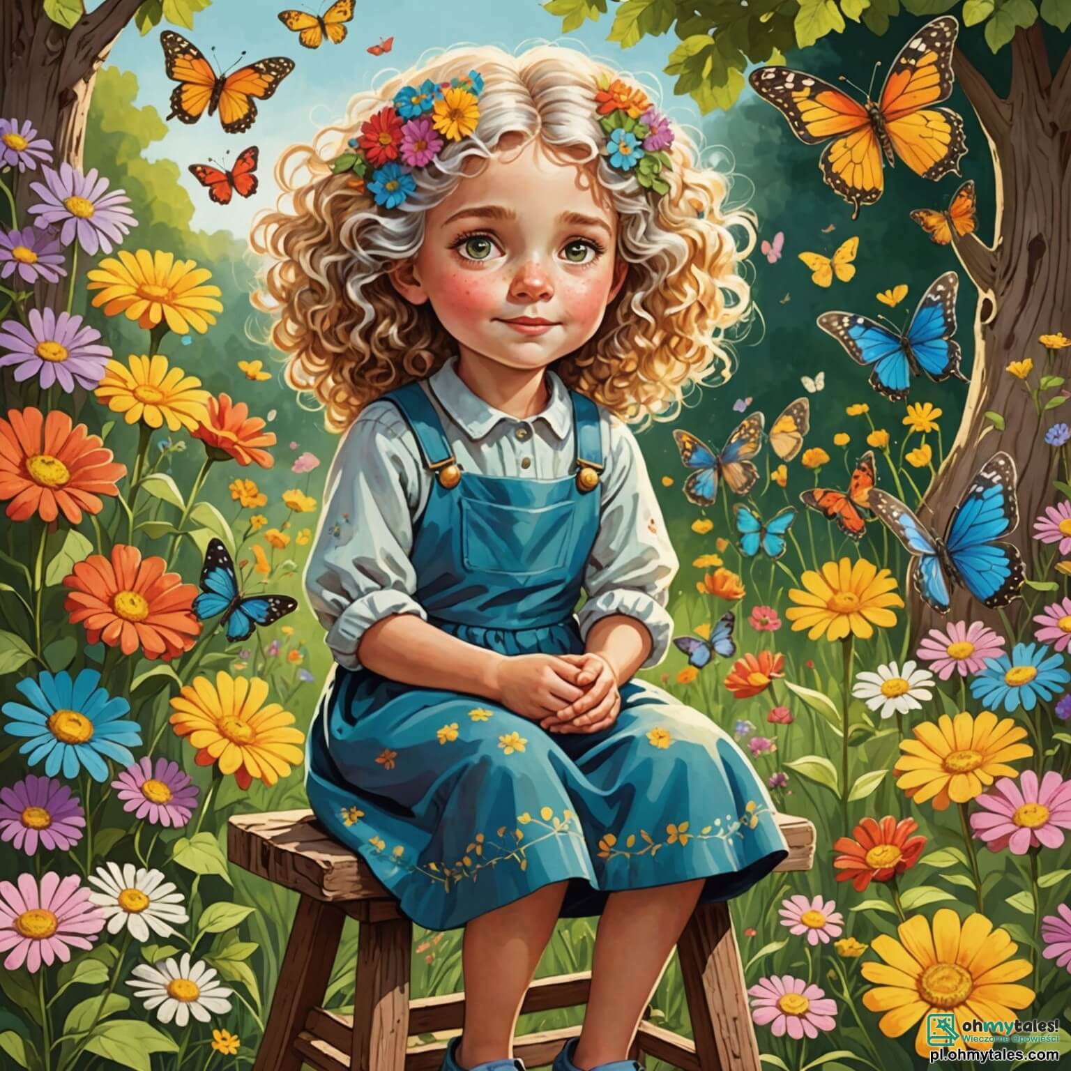 Une illustration destinée aux enfants représentant une jeune fille aux cheveux dorés et bouclés, assise sur une vieille huche en bois, entourée de fleurs colorées et de papillons virevoltant dans un jardin ensoleillé, où elle se débat avec ses doutes face à des défis scolaires, tandis que sa grand-mère bienveillante, aux cheveux argentés et aux yeux pétillants de sagesse, lui prodigue des conseils réconfortants, le tout dans un cadre enchanteur, où une majestueuse vieille pomme, aux branches chargées de fruits juteux, se dresse fièrement au centre du jardin, symbolisant la force et la croissance personnelle.