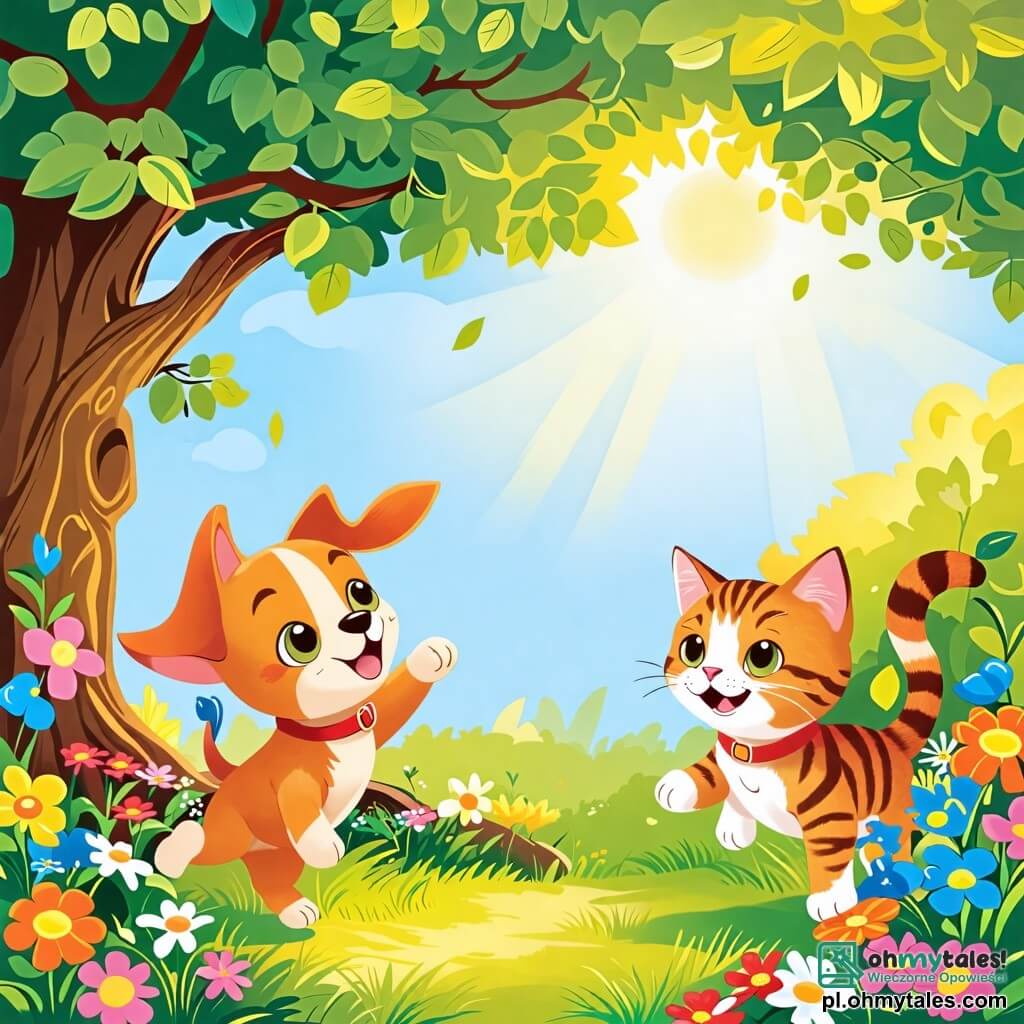 Une illustration sous forme de dessin destinée aux enfants représentant un jardin ensoleillé avec des fleurs colorées et un grand arbre au centre, où un petit chien aux poils bruns et aux yeux pétillants court joyeusement, tandis qu'une adorable petite chatte tigrée le regarde avec un sourire, alors qu'ils s'apprêtent à faire une course vers l'arbre, symbolisant leur amitié et leur esprit d'entraide.