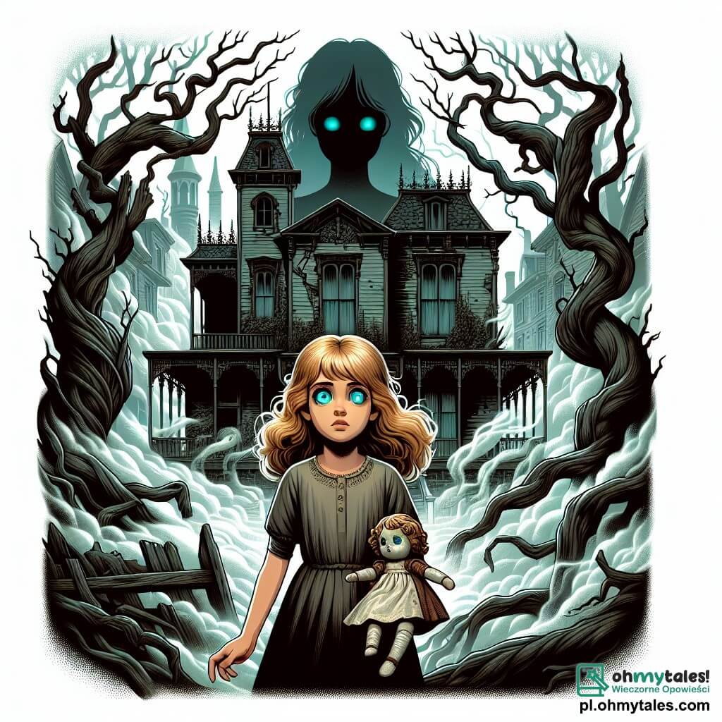 Une illustration sous forme de dessin destinée aux enfants représentant un vieux et mystérieux manoir en ruines, entouré d'arbres tordus et de brouillard, où une fille de 11 ans aux cheveux dorés et aux yeux turquoises, vêtue d'une robe simple, se tient au centre, tenant une vieille poupée avec des yeux noirs, tandis qu'une silhouette sombre et éthérée, à l'apparence floue et triste, l'observe depuis l'ombre d'une porte entrouverte, illustrant le moment où elle fait face à ses peurs dans un lieu chargé de mystère et d'émotions.