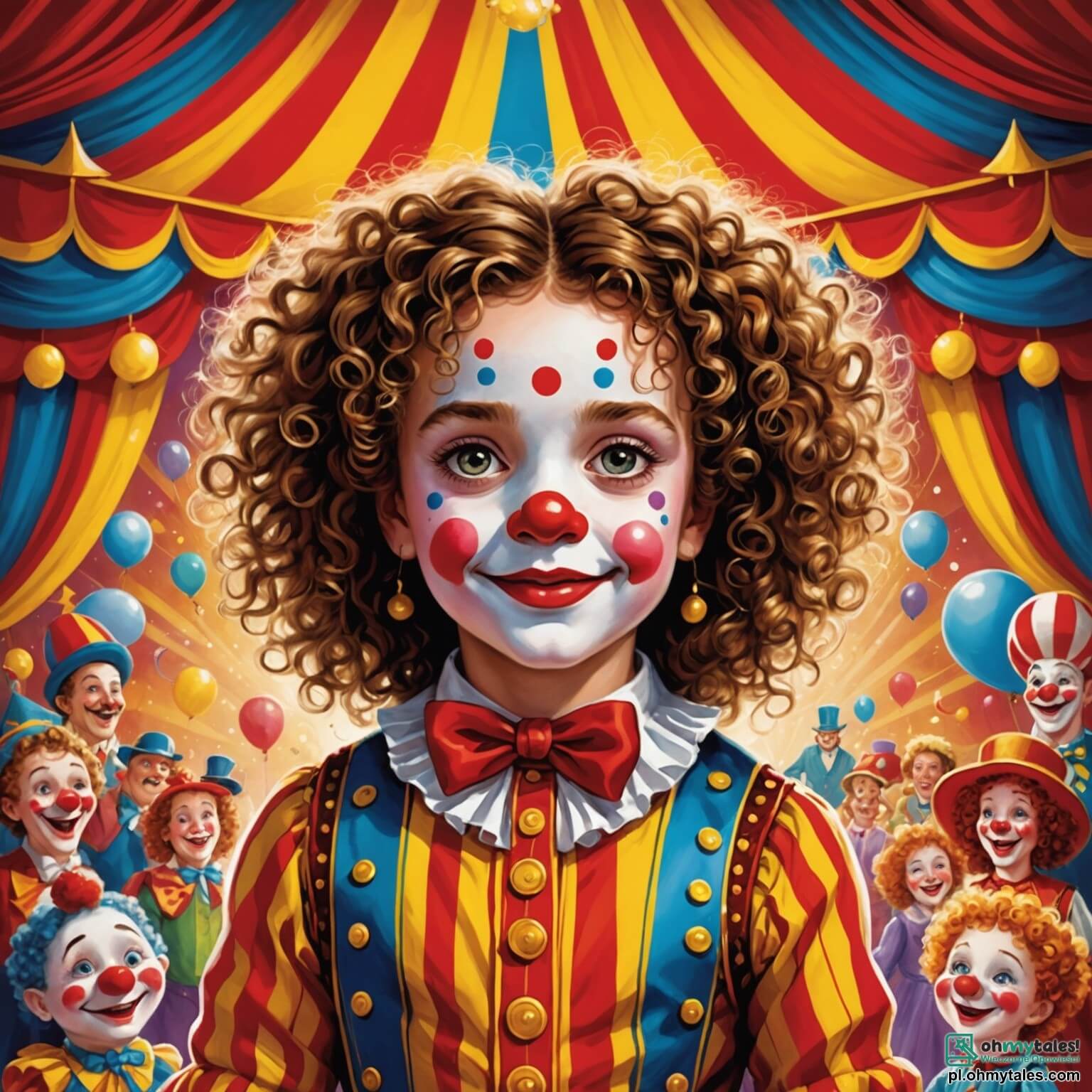 Une illustration destinée aux enfants représentant une petite fille aux yeux pétillants et aux cheveux bouclés, émerveillée par la magie d'un cirque flamboyant, où des couleurs vives dansent sous un grand chapiteau rayé de rouge et de jaune, tandis qu'un clown jovial, avec son nez rouge et son costume éclatant, l'invite à participer à des aventures extraordinaires au milieu des rires et des acrobaties étourdissantes.