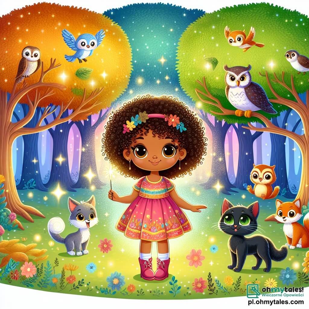 Une illustration sous forme de dessin destinée aux enfants représentant une forêt enchantée aux arbres majestueux et aux couleurs vives, où une jeune fille aux cheveux bouclés et aux yeux pétillants, vêtue d'une robe colorée et tenant une petite baguette magique, se tient au centre, entourée d'animaux curieux comme un chat noir aux yeux brillants et une sage chouette perchée sur une branche, alors qu'elle s'apprête à réaliser un sort de magie pour aider ses amis, avec des éclats de lumière scintillant autour d'eux, évoquant un moment de découverte et d'aventure dans un monde fantastique.