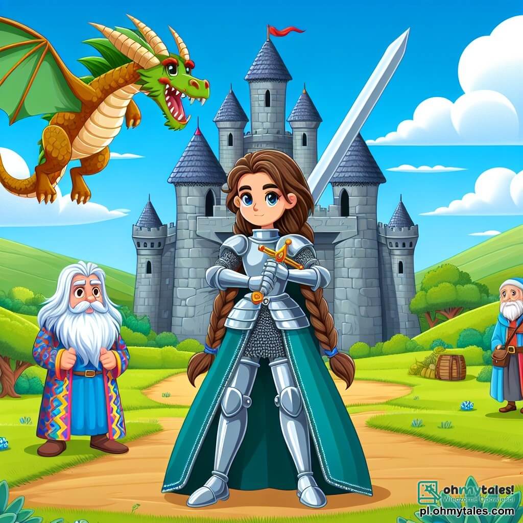 Une illustration sous forme de dessin destinée aux enfants représentant une vaste plaine verdoyante sous un ciel bleu éclatant, où une courageuse chevaleresse aux longs cheveux bruns tressés, vêtue d'une armure étincelante, brandit fièrement son épée tout en se tenant devant un château ancien, tandis qu'un dragon majestueux aux écailles dorées s'élève dans les airs, et un sage vieux mendiant à la barbe blanche, vêtu de robes colorées, observe la scène avec un regard bienveillant, illustrant le moment où la chevaleresse se prépare à affronter le dragon pour protéger son royaume.