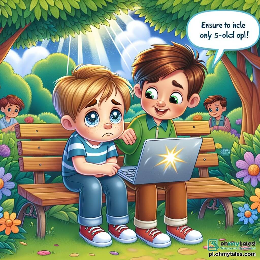 Une illustration sous forme de dessin destinée aux enfants représentant un parc coloré avec des arbres verdoyants et des fleurs éclatantes, où un garçon de 5 ans aux cheveux blonds et aux yeux pétillants, assis sur un banc, regarde tristement son ordinateur portable, tandis qu'un autre garçon un peu plus grand, avec des cheveux bruns et un sourire encourageant, se penche vers lui pour lui parler, illustrant une scène de soutien amical face à des moqueries en ligne, avec des bulles de dialogue montrant des mots gentils et réconfortants.