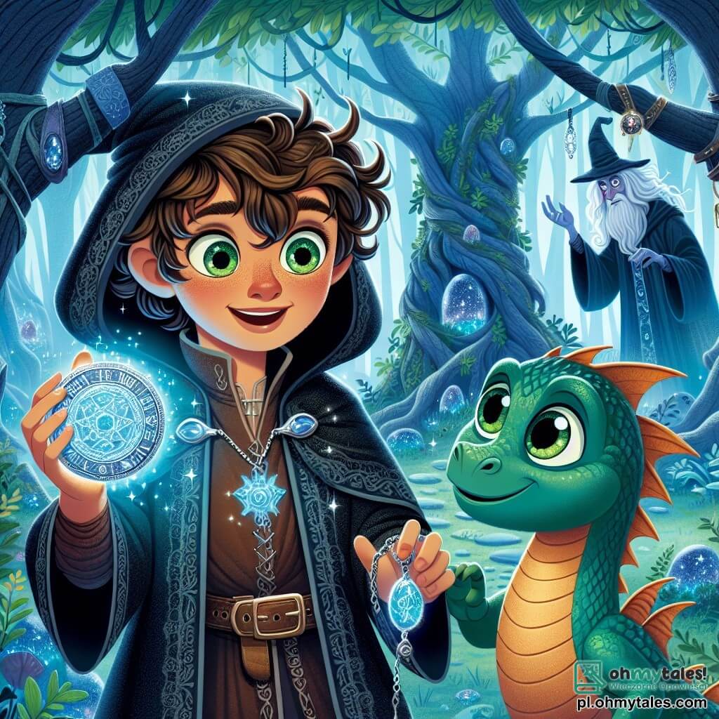 Une illustration sous forme de dessin destinée aux enfants représentant un vieux et mystérieux bois enchanté, avec des arbres majestueux aux troncs noueux et des feuilles scintillantes, où un jeune apprenti sorcier aux cheveux bouclés et aux yeux verts brillants, vêtu d'une robe sombre ornée de symboles magiques, brandit un amulet argenté avec détermination, tandis qu'à ses côtés, un petit dragon turquoise aux écailles brillantes et aux yeux pétillants l'encourage avec un sourire espiègle, alors qu'ils se préparent à affronter un sorcier maléfique pour récupérer le précieux Cristal du Temps, entourés d'une atmosphère de magie et d'aventure.