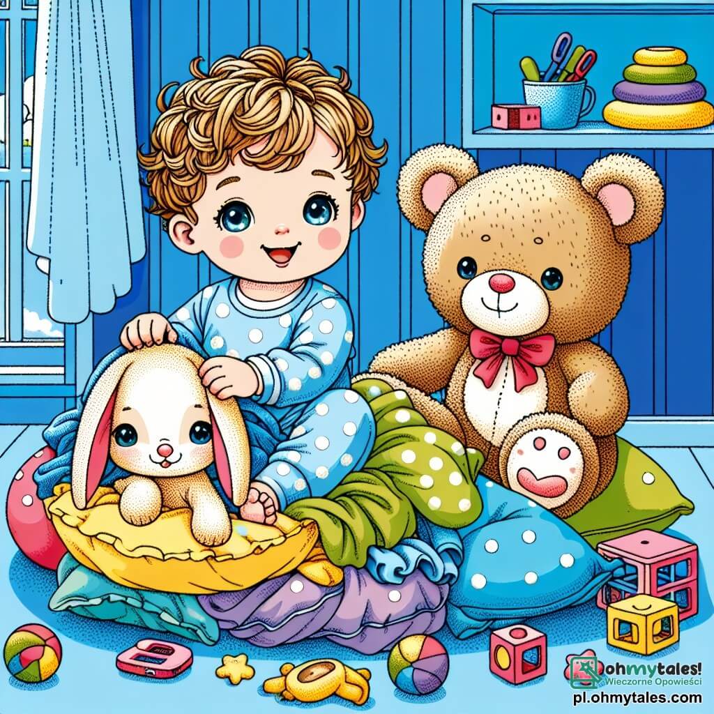 Une illustration sous forme de dessin destinée aux enfants représentant une chambre colorée avec des murs peints en bleu et des jouets éparpillés sur le sol, où un garçon de 1 an aux cheveux bouclés et aux yeux pétillants, souriant, est assis au milieu d'un tas de coussins et de couvertures, entouré d'un lapin en peluche aux grandes oreilles et d'un ours en peluche avec un nœud rouge, tous trois en train de construire un club magique, symbolisant l'amitié et la joie de jouer ensemble.