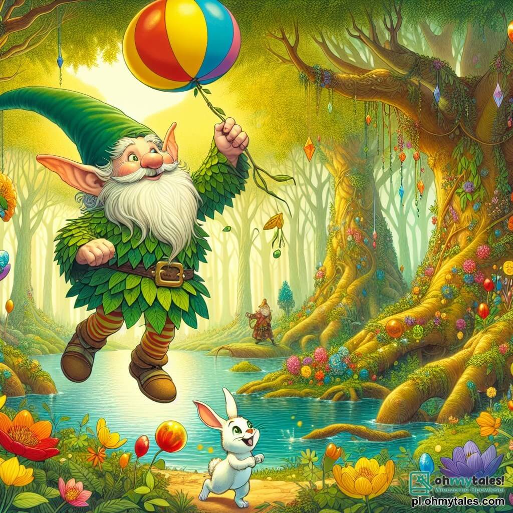 Une illustration sous forme de dessin destinée aux enfants représentant une forêt enchantée, avec des arbres gigantesques aux feuilles dorées et des fleurs multicolores, où un petit lutin aux cheveux verts et aux grandes oreilles pointues, vêtu d'une tunique en feuilles, tend la main vers un balon coloré flottant au-dessus d'un lac scintillant, tandis qu'un petit lapin blanc aux yeux brillants, son ami fidèle, saute joyeusement à ses côtés, tous deux déterminés à sauver la magie de leur monde en récupérant des cristaux colorés volés par un méchant sorcier.