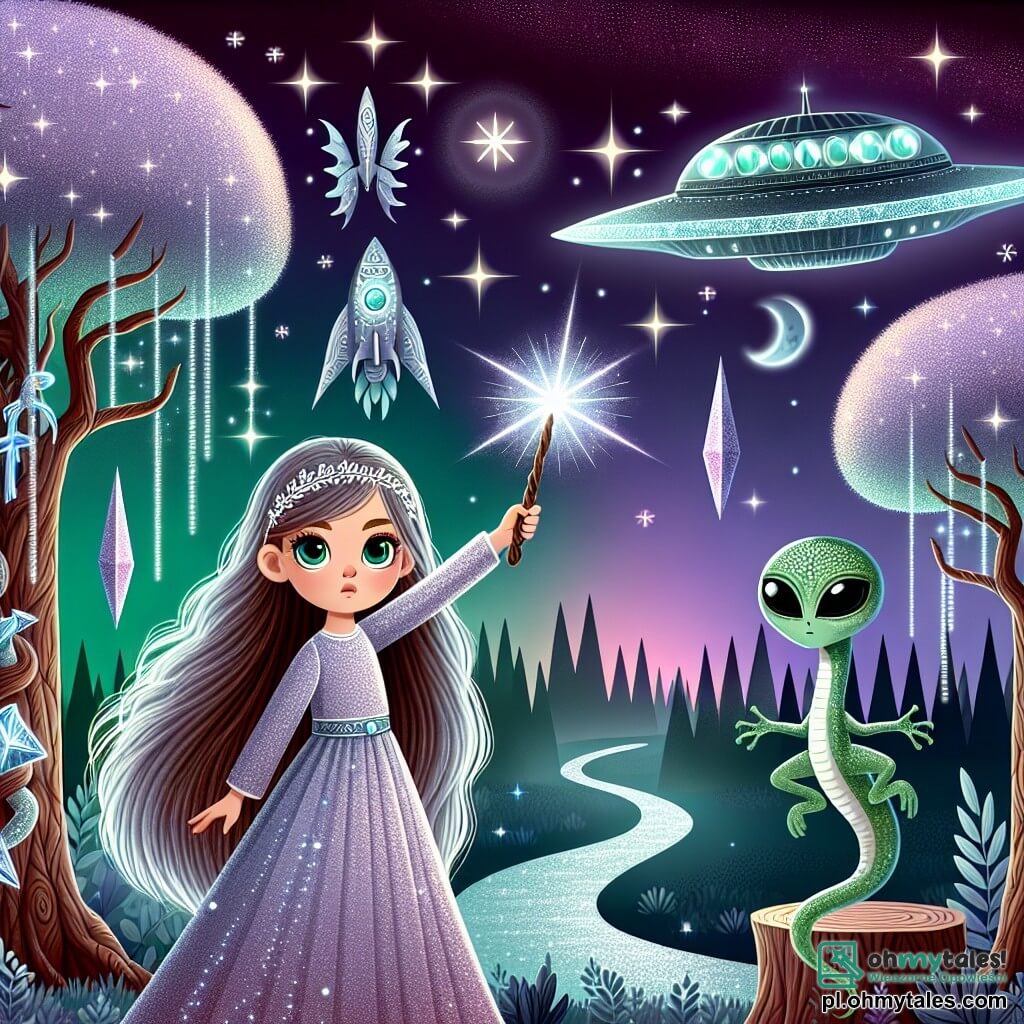 Une illustration destinée aux enfants représentant une jeune fille aux longs cheveux ondulés, scintillant comme les étoiles, maniant une baguette magique en bois d'un arbre ancien, se tenant devant un vaisseau spatial mystérieux aux symboles luminescents, tandis qu'un extraterrestre aux écailles brillantes et aux yeux émeraude l'observe avec admiration, dans un monde féerique où le ciel s'illumine de nuances vertes et violettes, et où des rivières d'argent serpentent entre des arbres majestueux qui scintillent comme des diamants dans la lumière des étoiles.