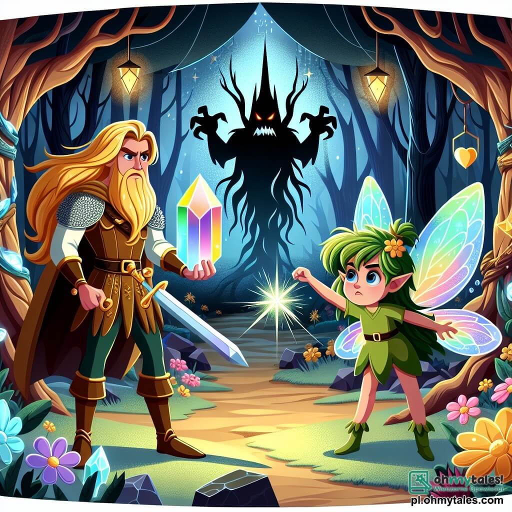 Une illustration sous forme de dessin destinée aux enfants représentant une forêt enchantée aux arbres majestueux et aux fleurs lumineuses, où un homme courageux avec de longs cheveux dorés et une armure scintillante, tenant un cristal brillant, se tient aux côtés d'une petite fée aux ailes colorées et aux cheveux verts, alors qu'ils affrontent une ombre menaçante émanant d'une tour sombre, symbolisant leur lutte pour sauver la magie de la forêt.