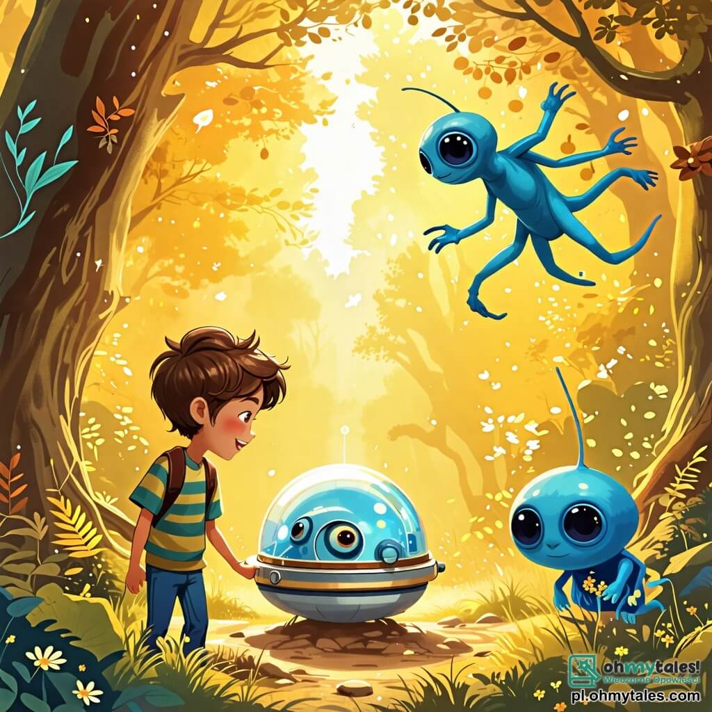 Une illustration sous forme de dessin destinée aux enfants représentant une forêt enchantée baignée de lumière dorée, où un garçon de 10 ans aux cheveux bruns et aux yeux pétillants explore avec émerveillement un petit vaisseau spatial brillant, entouré de trois adorables extraterrestres : une créature ronde et bleue avec de grands yeux curieux, un autre avec des bras longs et flexibles qui change de forme, et un dernier qui flotte joyeusement dans les airs, tous riant et partageant un moment d'amitié alors qu'ils se préparent à vivre une aventure intergalactique ensemble.